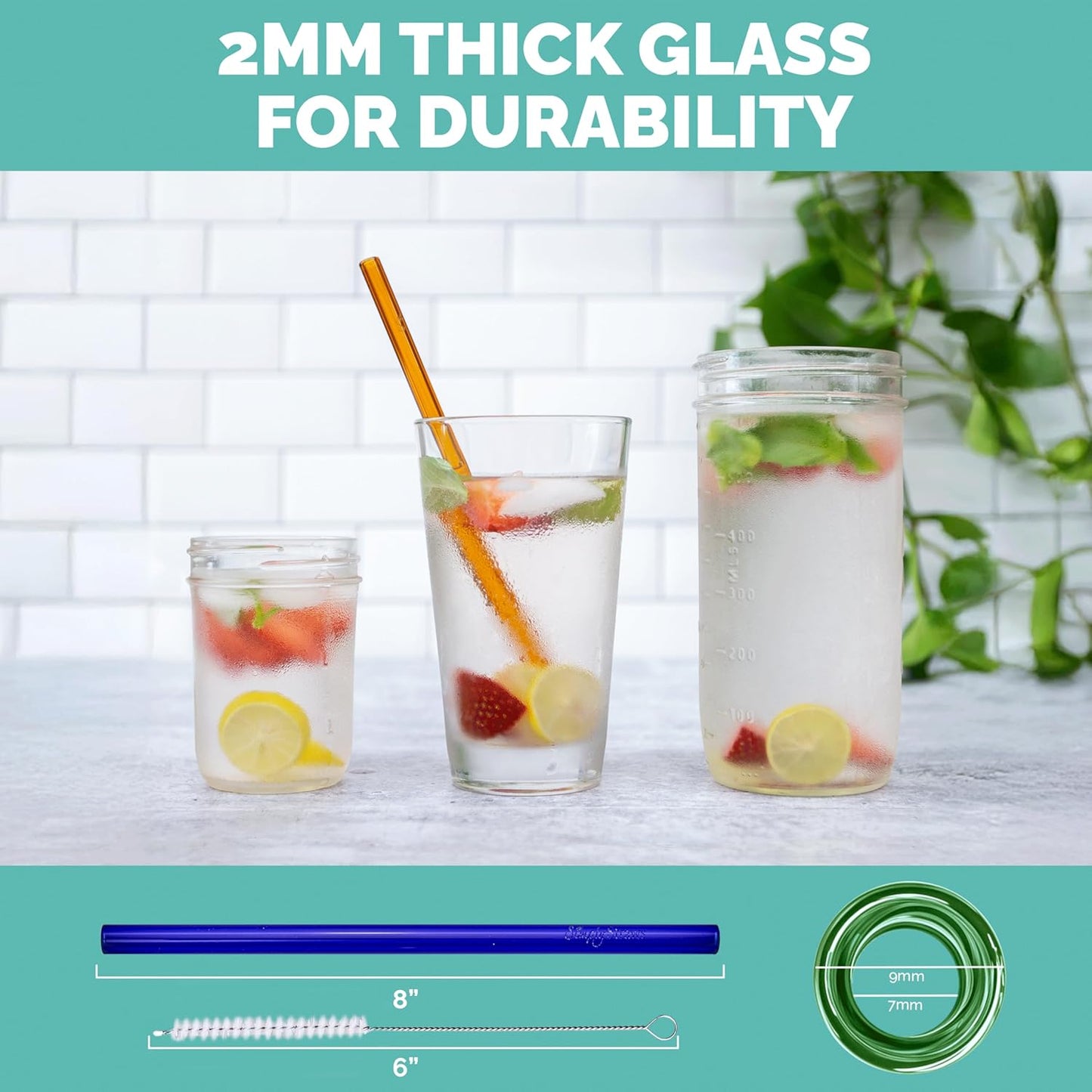Simply Straws 8 Inch Glass Straws Straight (6-Pack) – Reusable Glass Straws for Pints & Juice Drinkware, with Cleaning Brush – Dishwasher Safe, Hot & Cold Use, BPA-Free (Seaglass)