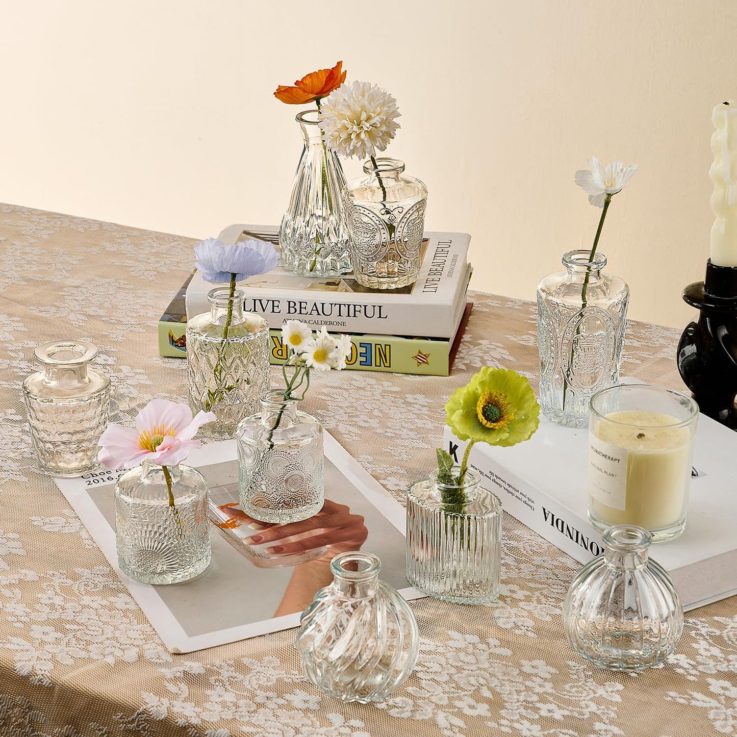 Glass Bud Vase Set of 33 Pcs Small Minimalist Vases for Flowers, Vintage Rustic Home Decor for Table Centerpiece Wedding Party, Modern Clear Aromatherapy Bottle for Living Room Bedroom