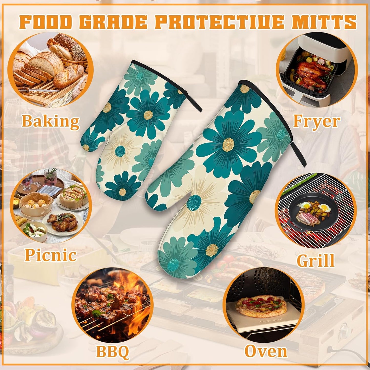 Abstract Daisy Flower Oven Mitts and Pot Holders,Retro Groovy Flowers Heat Resistant Oven Mitts Gloves and Pot Holder for Home Kitchen Decorations Cooking Baking BBQ Gifts,Set of 4