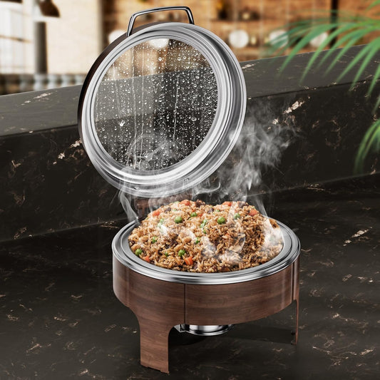 Chafing Dishes for Buffet, 6QT Round Stainless Steel Chafing Dish with Transparent Hydraulic Lid, 304 Food Pan, Buffet Warmer for Parties and Events (Wood Color)