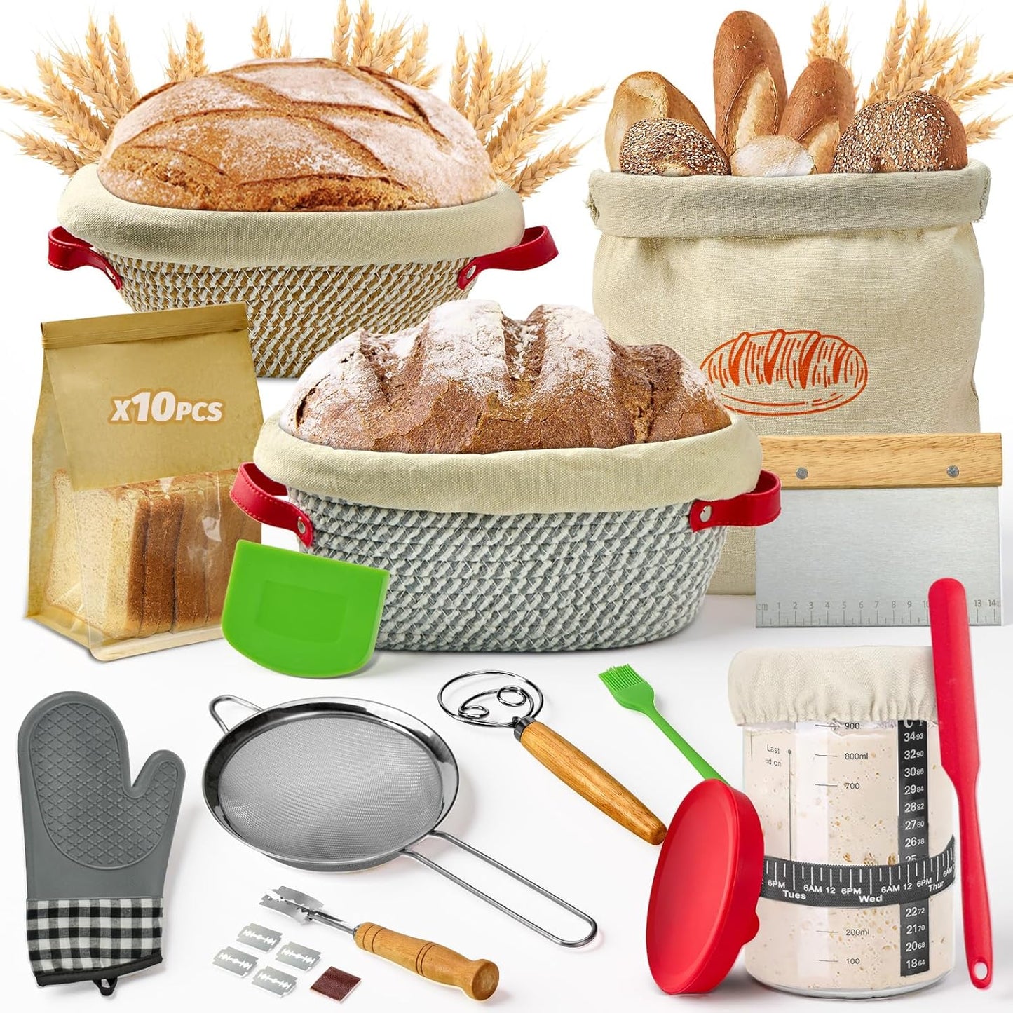 HASHMUST Banneton Bread Proofing Basket Kit, Sourdough Starter Jar Set, 9'' Round 10" Oval Fermentation Bowls Homemade Baking Supplies, Tools with Dough Whisk Cutter Lame Scraper Brush Scraper Bags