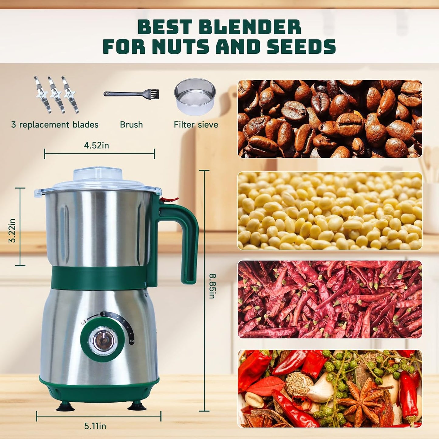 Electric Spice and Nut Grinders - 3 Stainless Steel Blades, 1 Filter, 1 Brush - 500W Grinder for Kitchen Dry Use (Green）