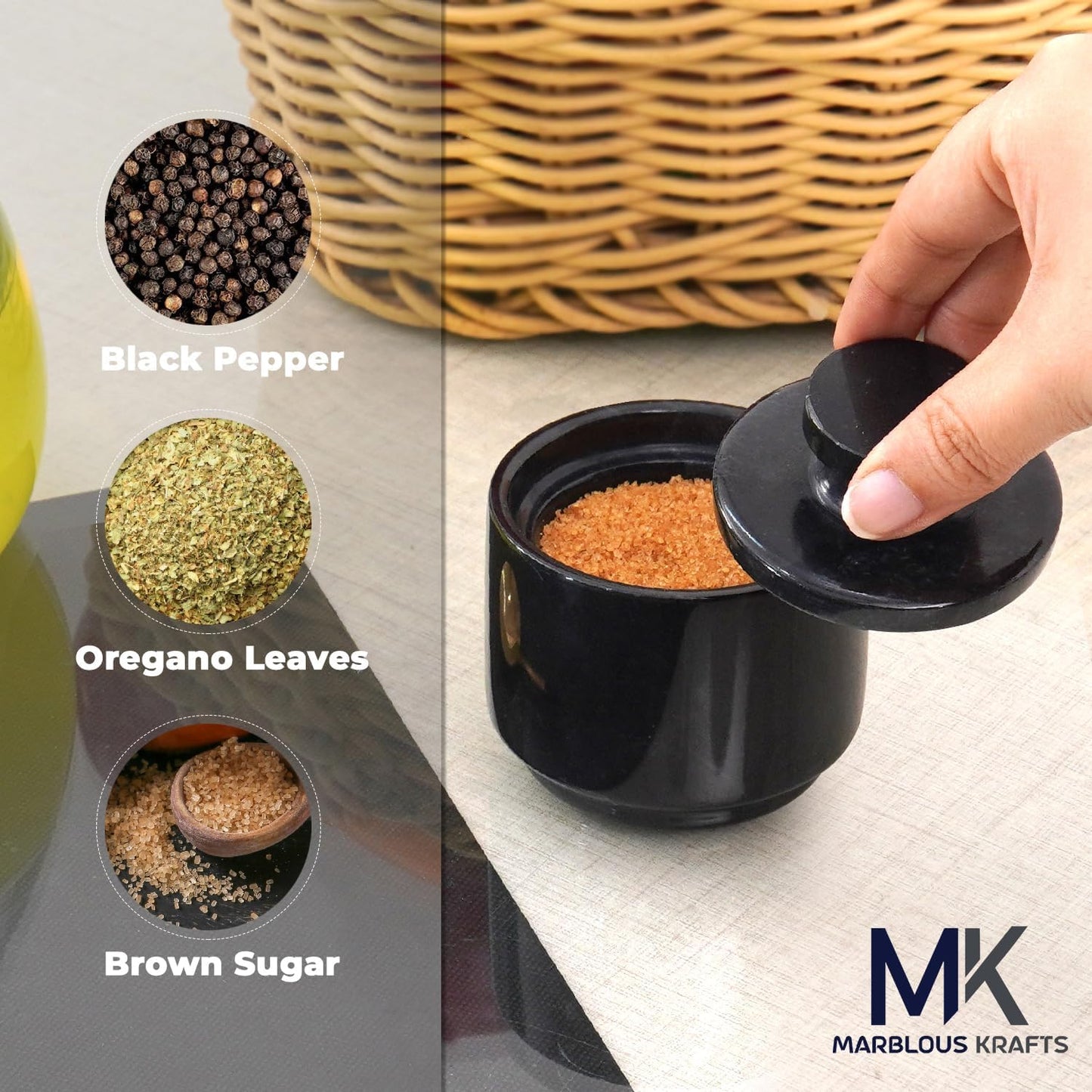 Marble Salt Cellar with Lid 3" Inch Black Spice Jar & Stone Salt Container For Kitchen Countertop, Modern Sugar Bowl