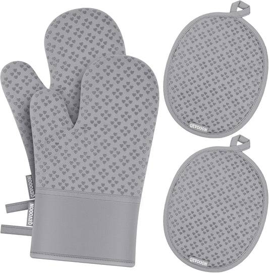 Oven Mitts and Pot Holders 4 Sets, Heat Resistant 500 ℉ Oven Mitt and Pot Holder,Oven Glove&Potholders with Non-Slip Silicone Surface,Kitchen Essentials for Cooking/Baking/BBQ-Grey