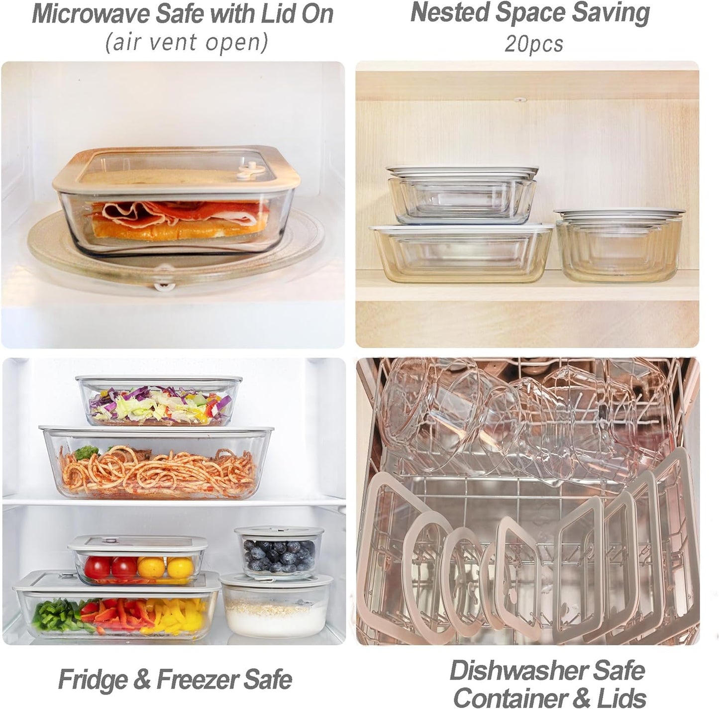Glass Food Containers with Glass Lid, Microwave Safe Food Storage Container Set, 3 Pack of Large Size, Food Storage Containers with Lids, Meal Prep containers with Leak Proof Lid.