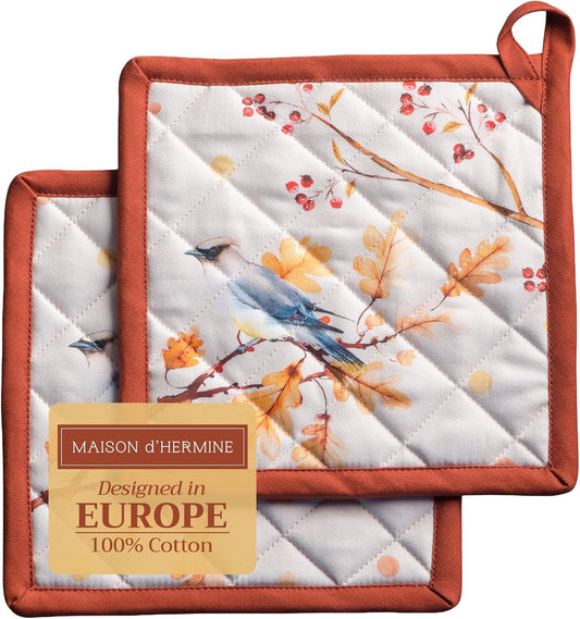 Maison d' Hermine Pot Holders Set 100% Cotton Heat Resistant Potholders 8" x 8" Hot Pads with Loop BBQ, Cooking, Baking, Grilling, Kitchen, Handling Hot Pans (Pack of 2, Oak Leaves)