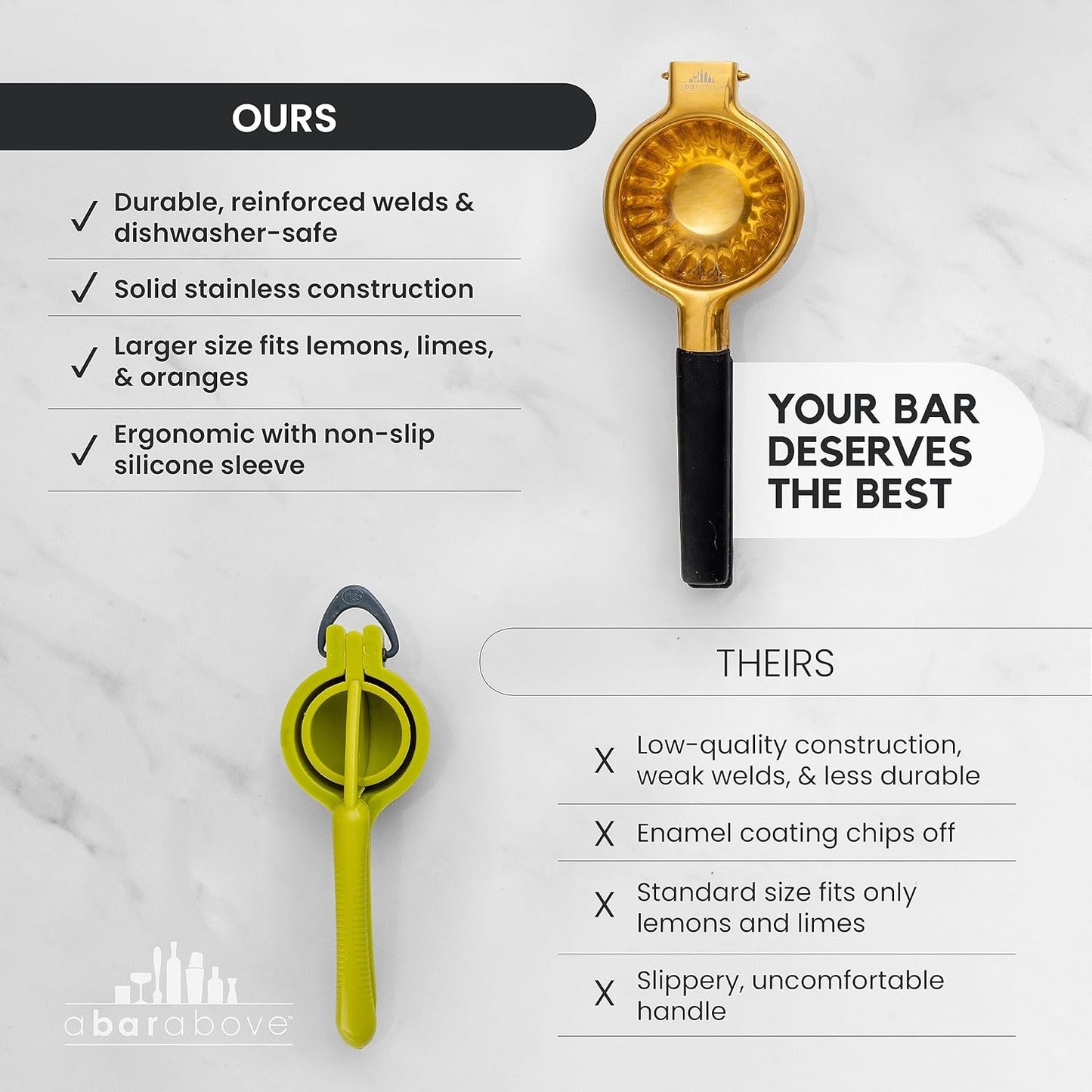 A Bar Above Premium Quality Hand Juicer, for Cocktails, Heavy Duty, Stainless Steel Juicer, Lime, Lemon, and Oranges, Citrus Juicers, for Mixologists and Bars, Fruit Juice Extractor, Gold, 3 Pack