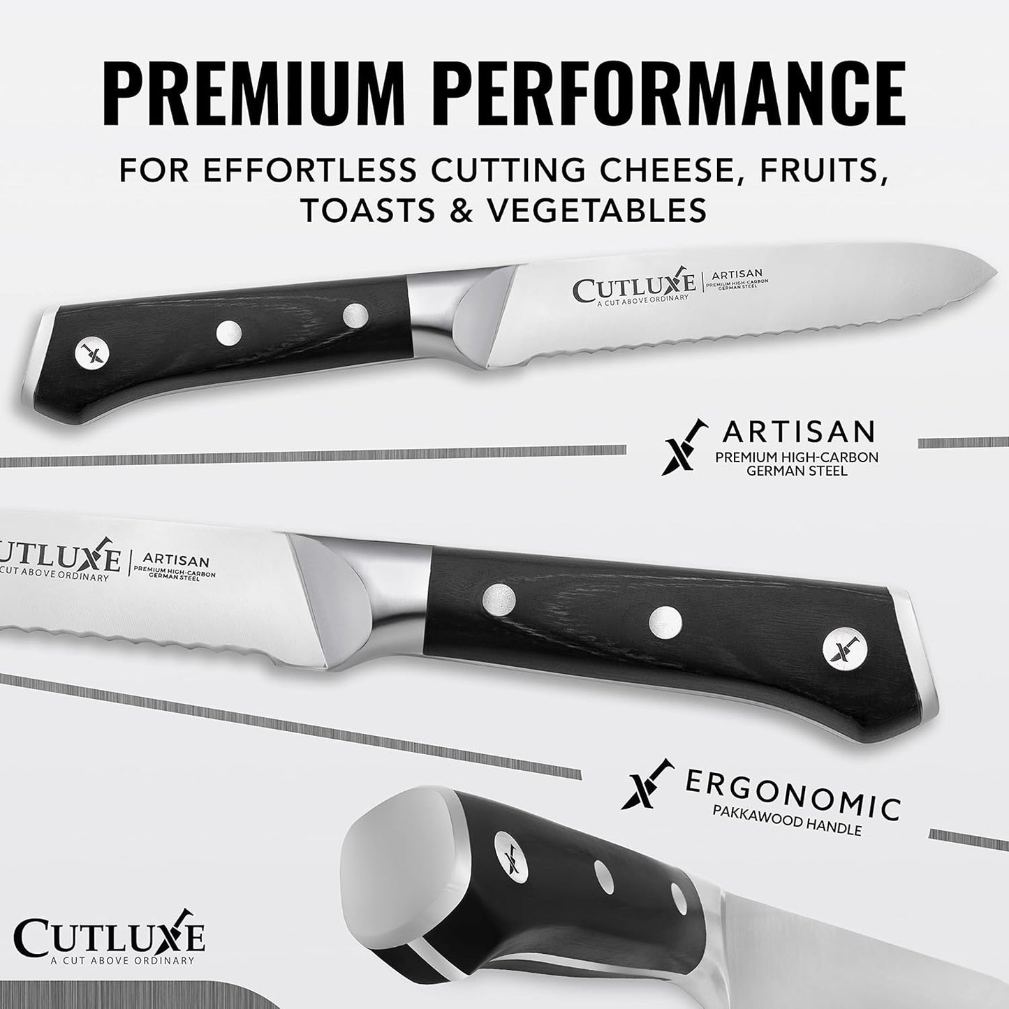 Cutluxe Kitchen Utility Knife – 5" Serrated Ultra Sharp Blade, Ergonomic Handle, Full Tang – Forged High Carbon German Steel – Artisan Series
