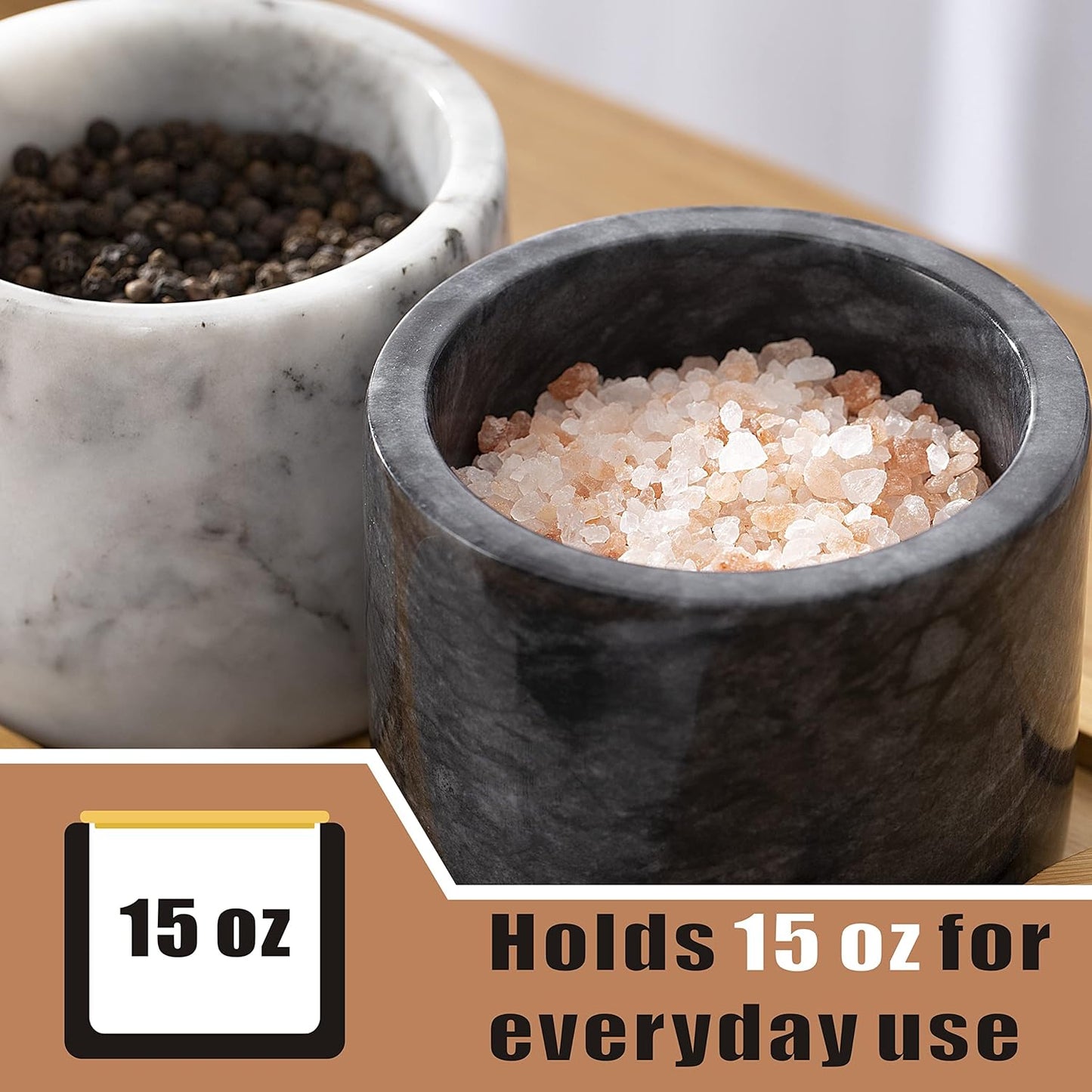 Marble Salt Cellar with Lid & Spoon, 11oz Salt and Pepper bowls, Handcrafted from Natural Marble, Smooth Inside (White)