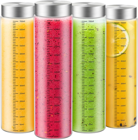 25 Oz Glass Juice Bottles, 4 Pack Glass Bottles with Lids, BPA Free, Borosilicate Glass, Leak Proof Lids for Juicing, Smoothies, Infused Water, Beverage Storage, Shaker Bottles