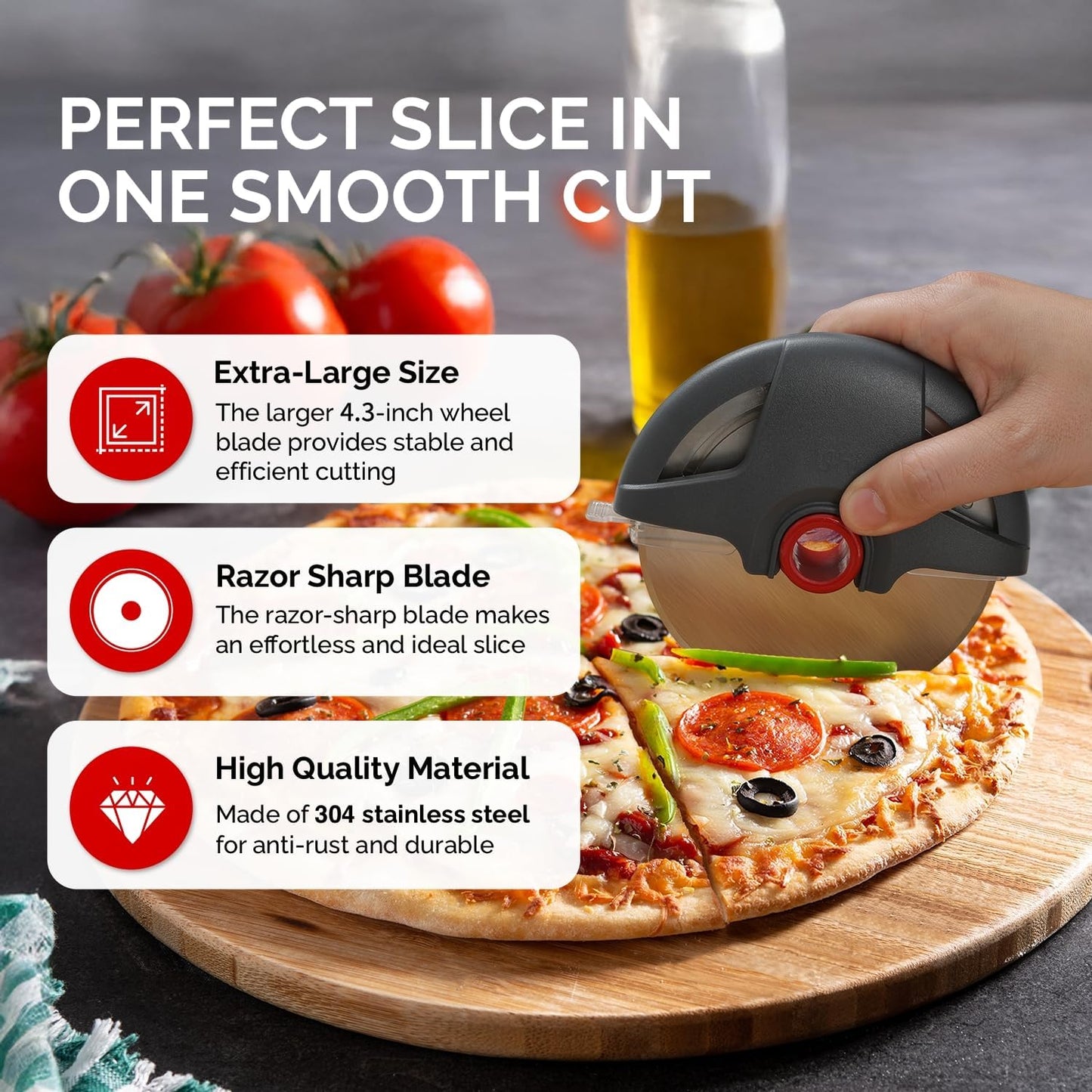 Pizza Cutter Wheel, UHIYEE Heavy Duty Pizza Slicer, Stainless Steel Large Pizza Wheel Blade with Safety Rotating Guard, Thickened Blade Ergonomic Handle Cut through Crust with Ease, Gray