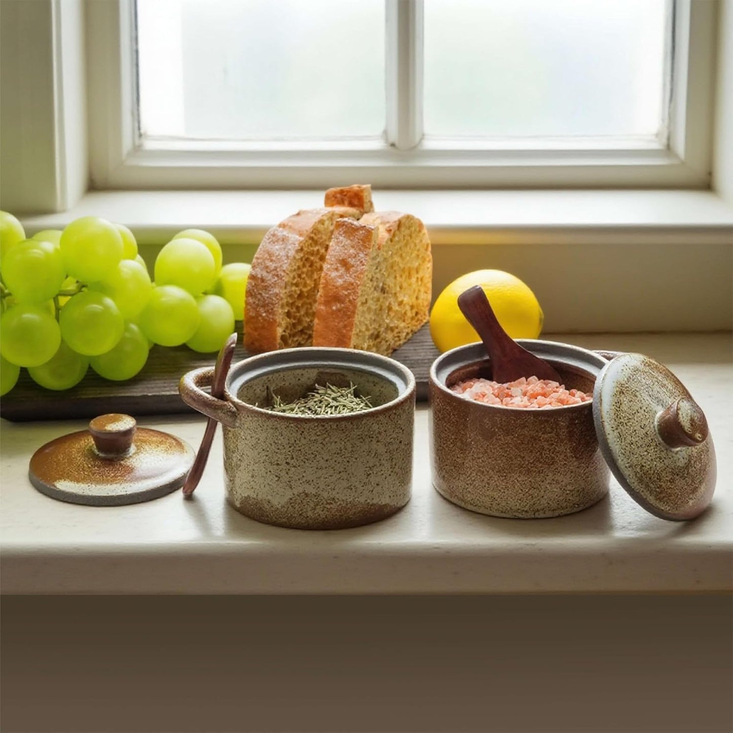 Handcrafted Speckled Ceramic Salt Cellar with Wooden Spoon, Rustic Vintage Spice Jar, Dishwasher Safe, 8.45 fl oz (Peckled Ceramic set of 2)
