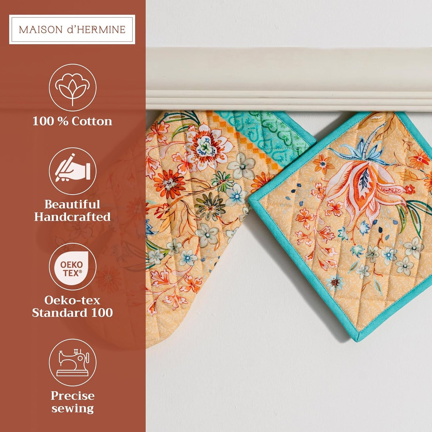 Maison d' Hermine 100% Cotton Oven Mitt & Pot Holder Set (7.5"x13" & 8"x8") Heat Resistant BBQ Cooking Gloves with Loop, Baking, Grilling, Kitchen, Handling Hot Pan Spring/Summer (Luxury Loft – Peach)