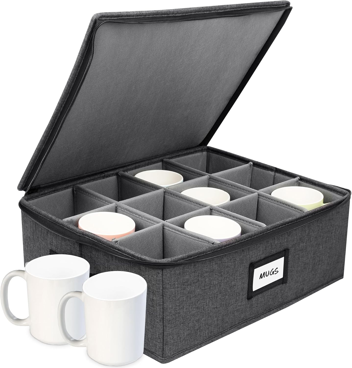 HOMELUX THEORY Mug Storage Box with Dividers Hard Shell China Storage Containers, Heavy Duty Coffee Cup Storage Box and Moving Boxes for Glassware Storage with Lid, Thick Surface, and Sturdy Handle