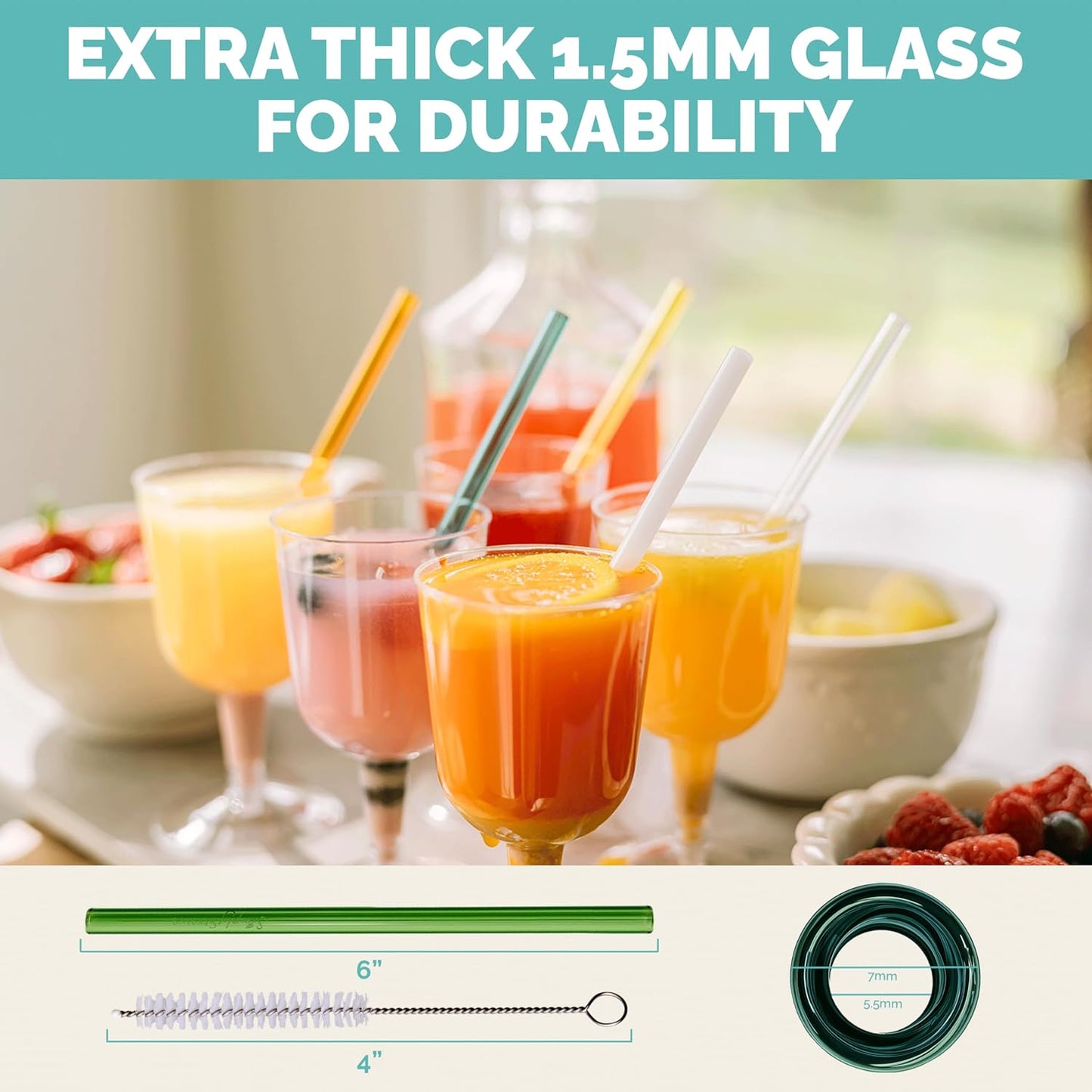 Simply Straws 6 Inch Skinny Glass Straws (6-Pack) - Reusable Cocktail Straws for Mixed Drinks, Low Balls, Coffee & Tea, with Cleaning Brush – Dishwasher Safe, Hot & Cold Use, BPA-Free (Sea Glass)