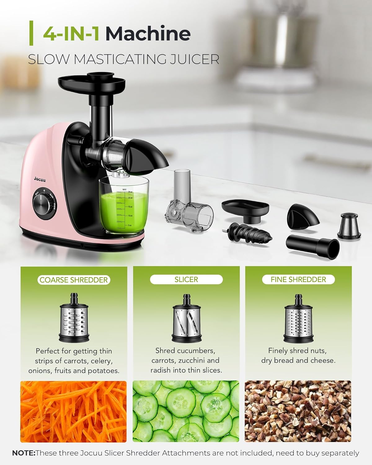 Jocuu Slow Masticating Juicer with 2-Speed Modes - Cold Press Juicer Machine - Quiet Motor & Reverse Function - Easy to Clean Juicer Extractor - Juice Recipes for Fruits & Vegetables (Light Pink)
