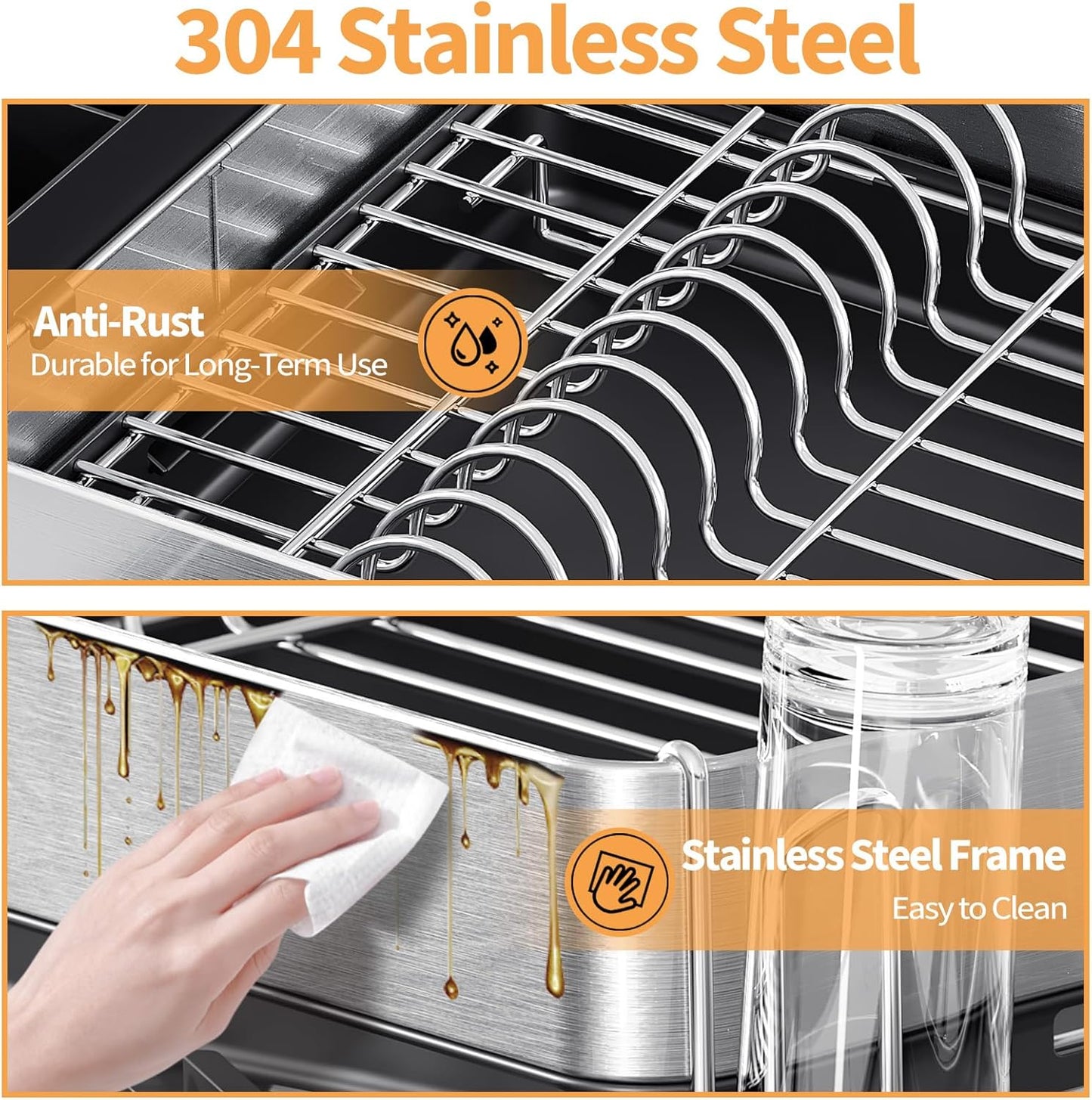 Dish Rack for Kitchen Counter, 304 Stainless Steel Dish Drying Rack, Expandable Dish Drainer, Foldable Dish Strainer with Cutlery Holder, Kitchen Plate Rack (Black, Large Size)