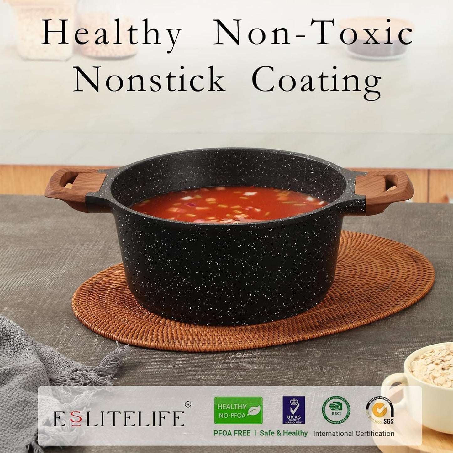 ESLITE LIFE Nonstick Stock Pot with Lid, 3 Quart Granite Casserole Small Soup Pot Pasta Cooking Pot, Induction Compatible, PTFE & PFOA Free, Black