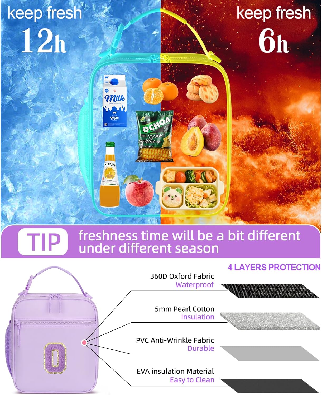 Initial Insulated Lunch Bag for Girls Kids, Back to School Gift, Reusable Leak-proof Lunch Box with Adjustable Strap for School Daycare Travel Picnic (Purple,O)