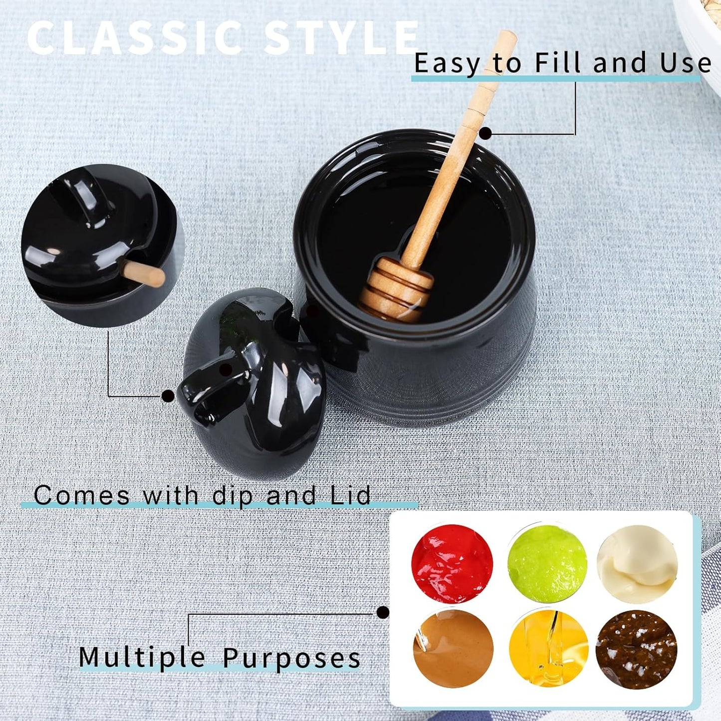 HAOTOP Ceramic Honey pot with Lid and Honey Dipper,Porcelain Honey Jar Easy to Clean and Dishwasher Safe,12oz (Black)