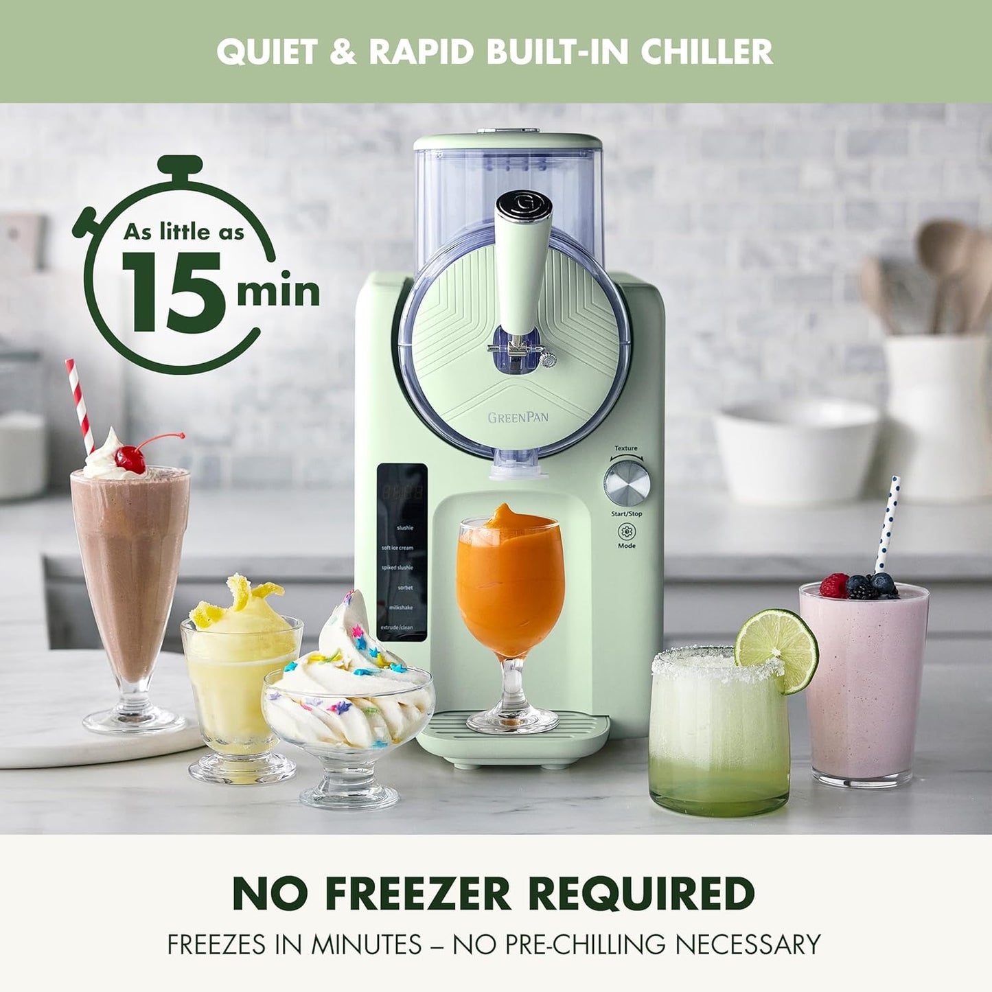 GreenPan Frost Ice Cream Machine & Frozen Drink Maker, Soft Serve, Slushie, Sorbet, Milkshakes & Cocktails, No Freezer Needed, 7 Textures, Quiet & Rapid, Easy Clean, Family Size, Pistachio Sage