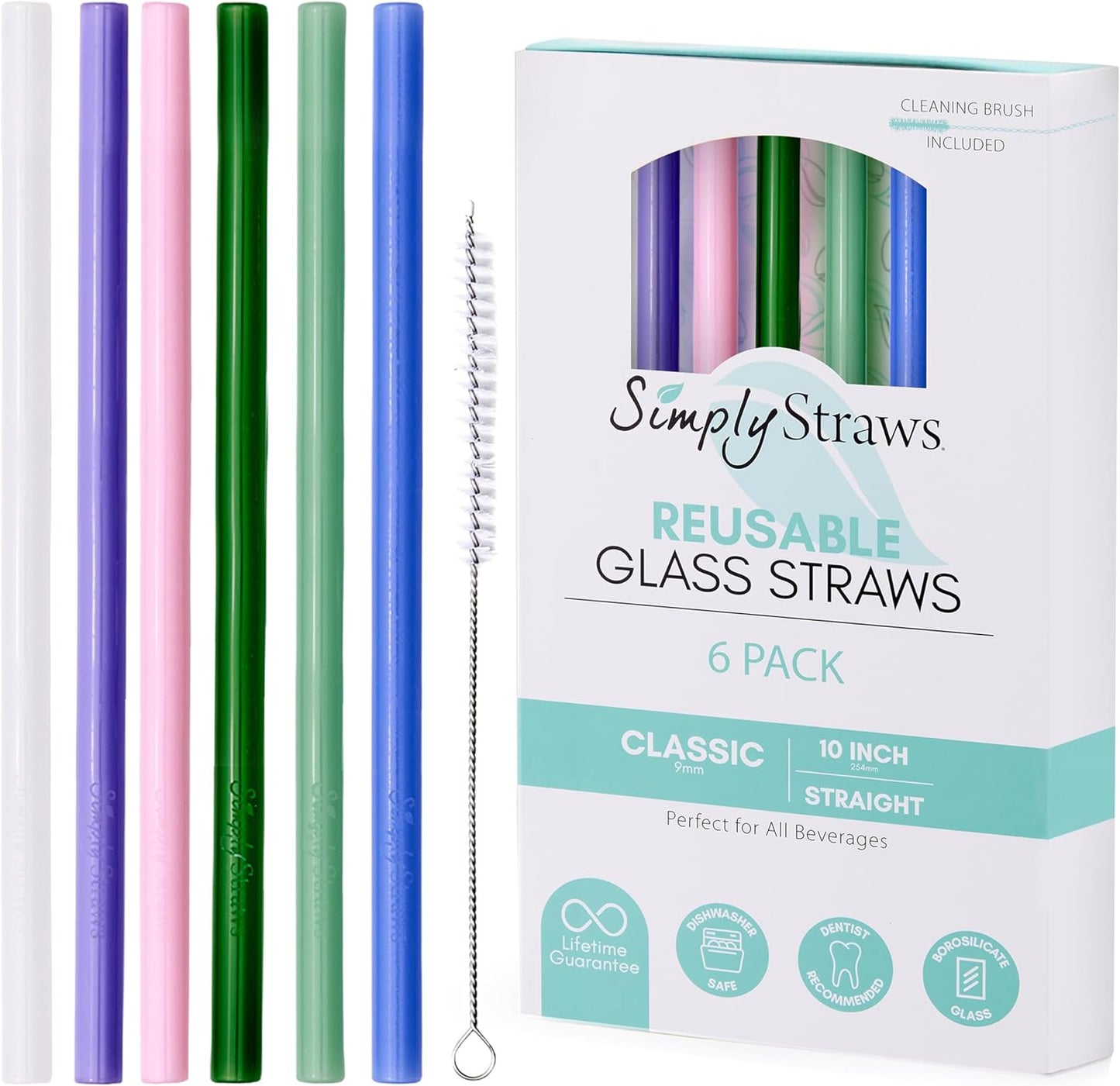 Simply Straws 10 Inch Glass Straws Straight (6-Pack) – Reusable Glass Straws for 24 Oz Mason Jars & Tumblers, with Cleaning Brush – Durable, Dishwasher Safe, Hot & Cold Use, BPA-Free (Cote d'Azur)