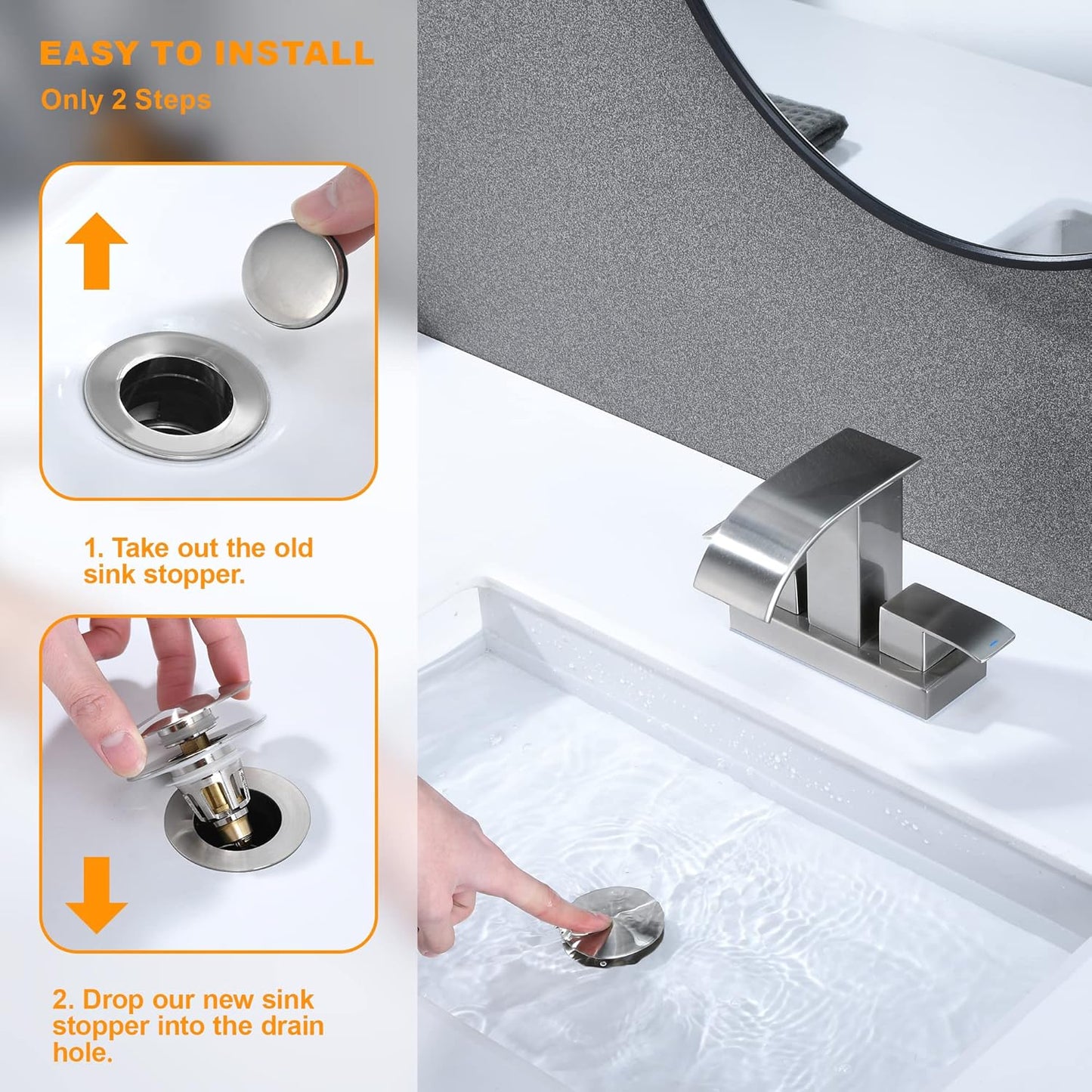 Bathroom Sink Drain Stopper 1.1~1.5 Inch, Universal Pop Up Sink Stopper, Anti-Clogging Sink Drain Strainer with Hair Catcher, Bounce Push Type Sink Drain Filter (Brushed Nickel)