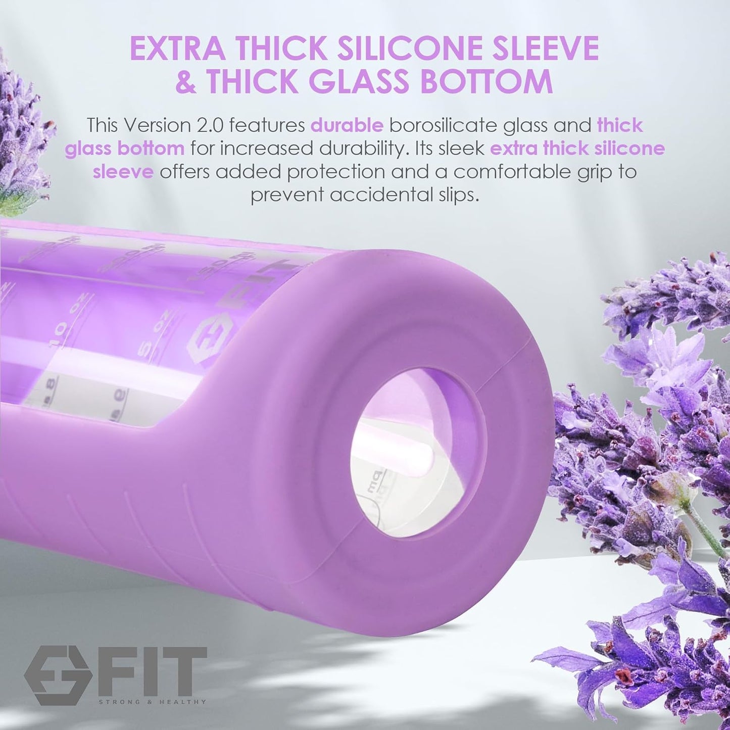 FIT Strong & Healthy 32 oz Glass Water Bottle with Straw Lid, Time Marker, Sleeve & Extra Lid - Motivational, Wide Mouth 1 Liter Glass Drinking Bottle