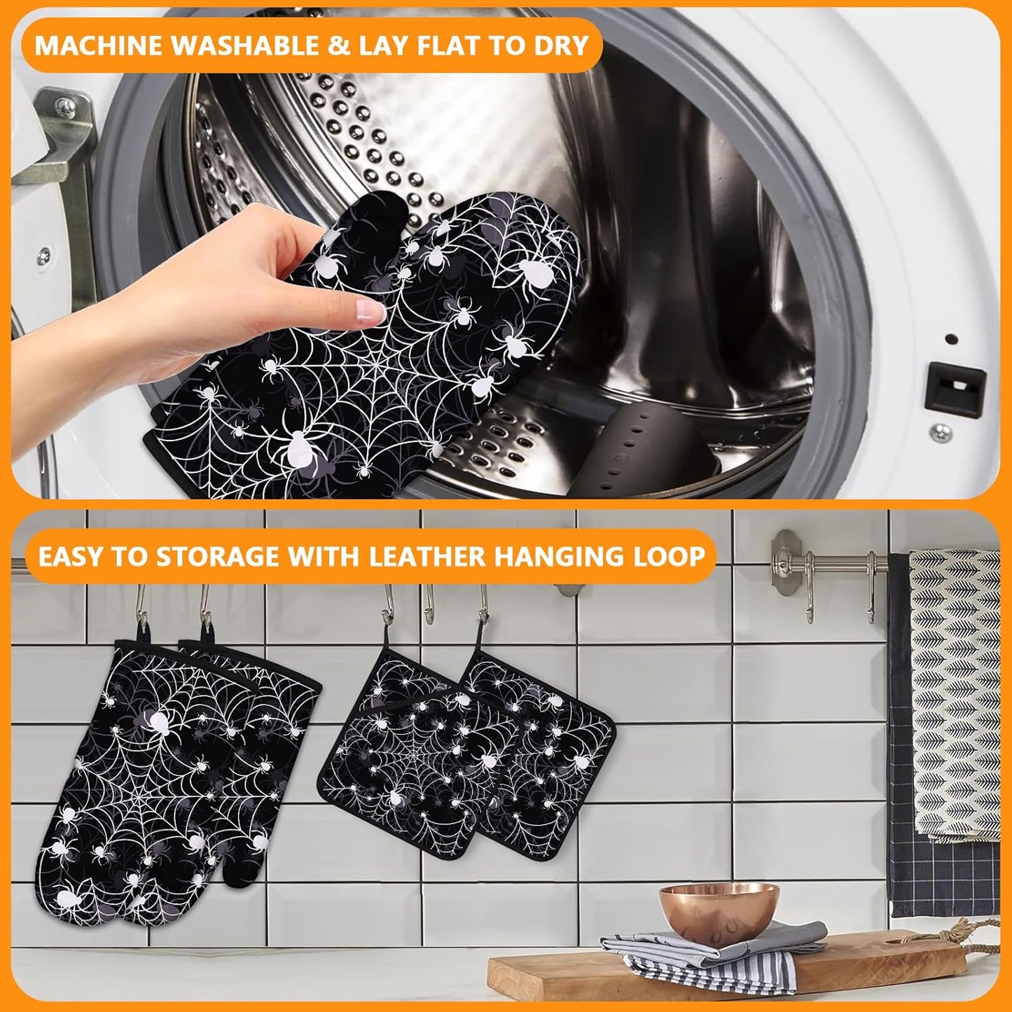 Spider Web Oven Mitts and Pot Holders Sets 4Pcs,Extra Long Oven Gloves Potholder for Kitchen Cooking Baking BBQ 100% Cotton Heat Resistant