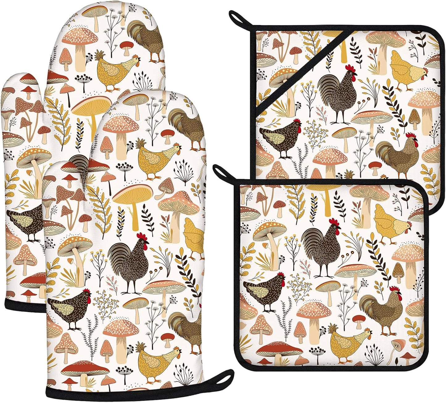 Rooster Oven Mitts and Pot Holders Sets 4Pcs,Extra Long Oven Gloves Potholder for Kitchen Cooking Baking BBQ 100% Cotton Heat Resistant