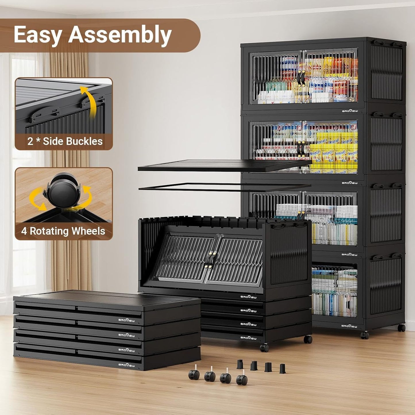 600Qt Extra Large Stackable Storage Bins with Lid, Closet Organizer Collapsible Drawer Boxes with Wheels, Folding Plastic Cabinet Containers for Home Kitchen Room Organization, 3Pack Black