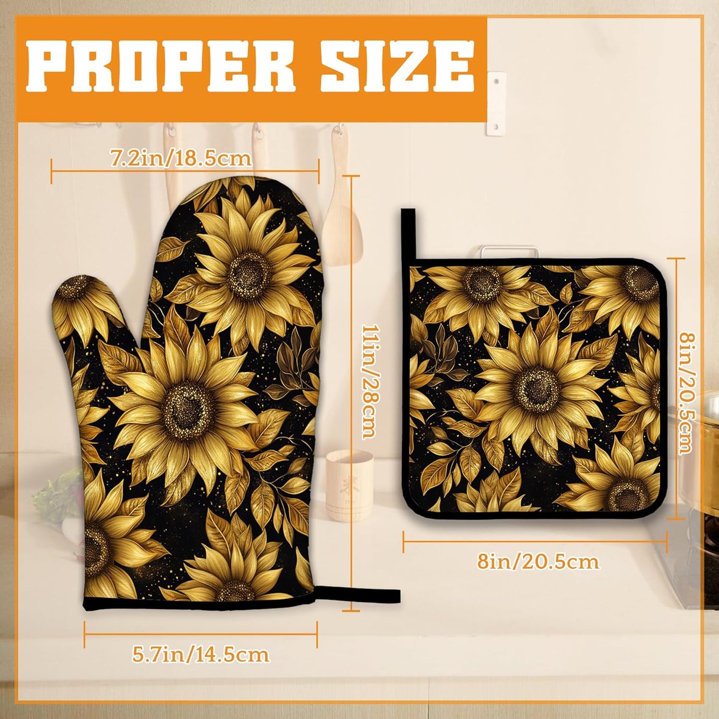 Vintage Sunflower Oven Mitts and Pot Holders,Sparkling Heat Resistant Oven Mitts Gloves and Pot Holder for Home Kitchen Decorations Cooking Baking BBQ Gifts,Set of 4