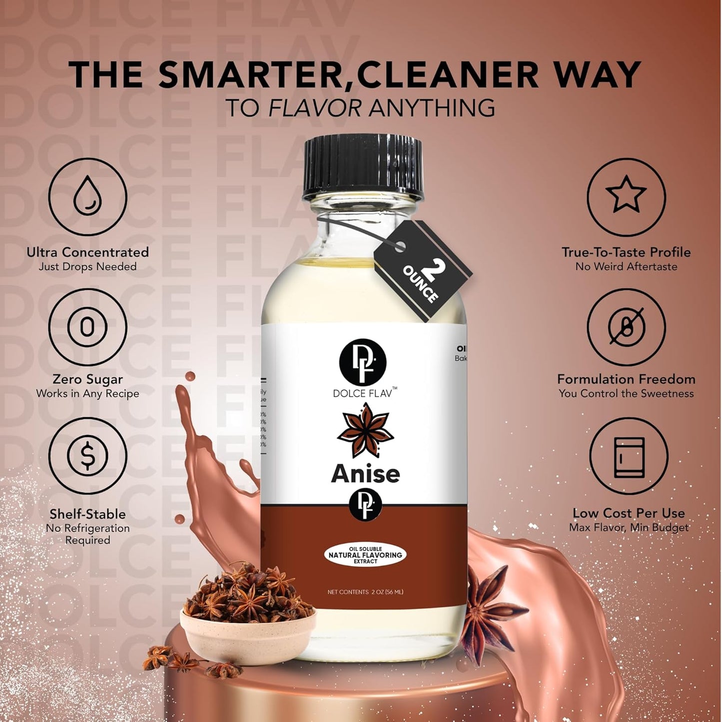 Dolce Flav Natural Anise Extract – 8 Ounce Oil-Soluble Kosher, Sugar-Free, Concentrated Licorice Anise Flavoring for Baking, Cookies & Liqueurs, Includes Measured Dropper