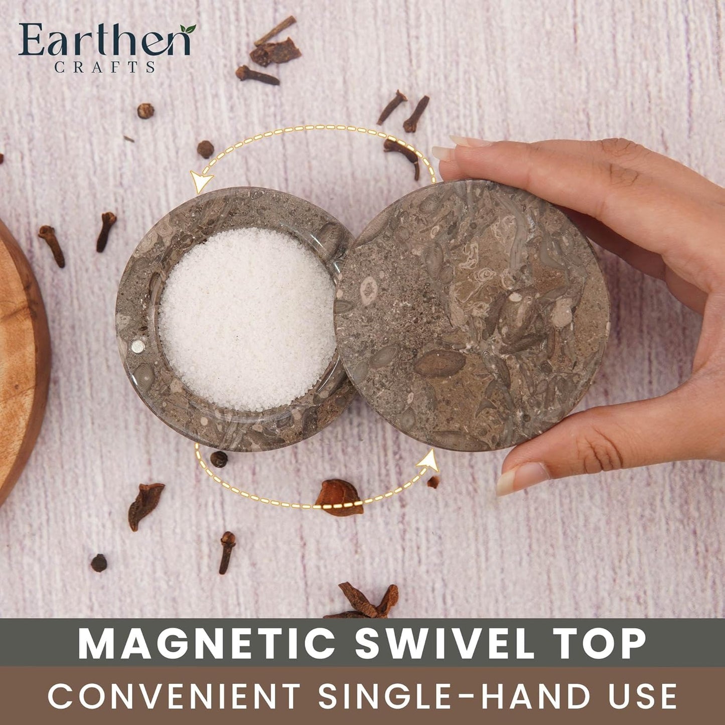 Marble Salt Cellar with Swivel Lid 3 Inch Salt Box Oceanic Salt and Spice Jar Storage Magnetic Lock Container, Salt Crock for Sea Salt, Flaky Salt, and Sugar