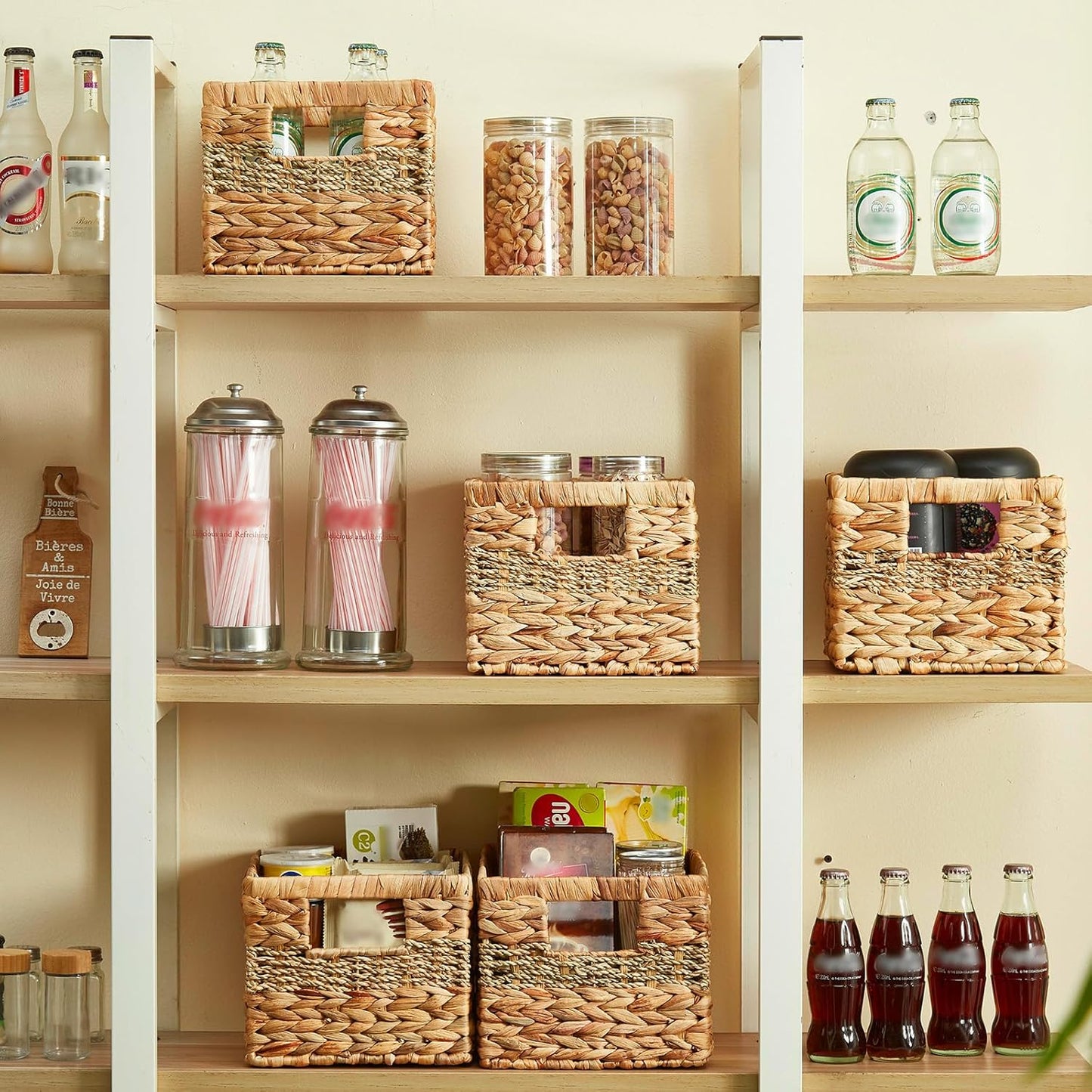 Hand-woven Water Hyacinth Baskets, Pantry Organizers and Storage with Handles, Decorative Wicker Baskets for Organizing Shelves, Laundry (10x8.5x7in 2-Pack, Natural Hyacinth)