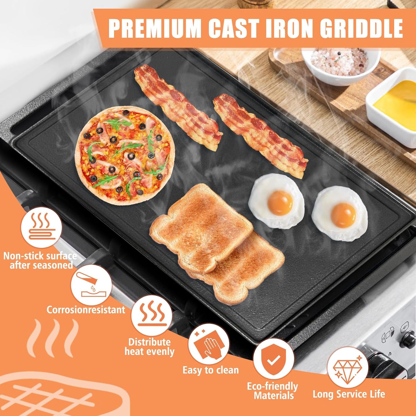 Cast Iron Griddle for Stove Top Large Flat Top Double Griddle Pan for Gas Grill, Fits Two Burners, for Gas, Electric, Ceramic Stovetops, Indoor & Outdoor Cooking - 19" x 10"