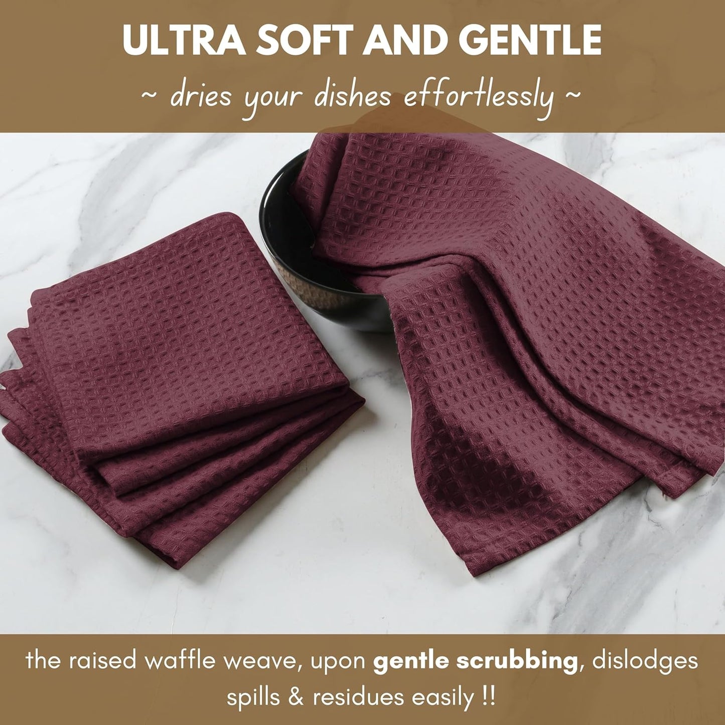 Native Fab Cotton Kitchen Towel with Hanging Loop 16x26 inches, 6-Pack, Waffle Weave Kitchen Towels for Cleaning Drying, Washcloths Soft & Absorbent Cloth Rags, Bar Towel, Dish Cloth, Burgundy Wine