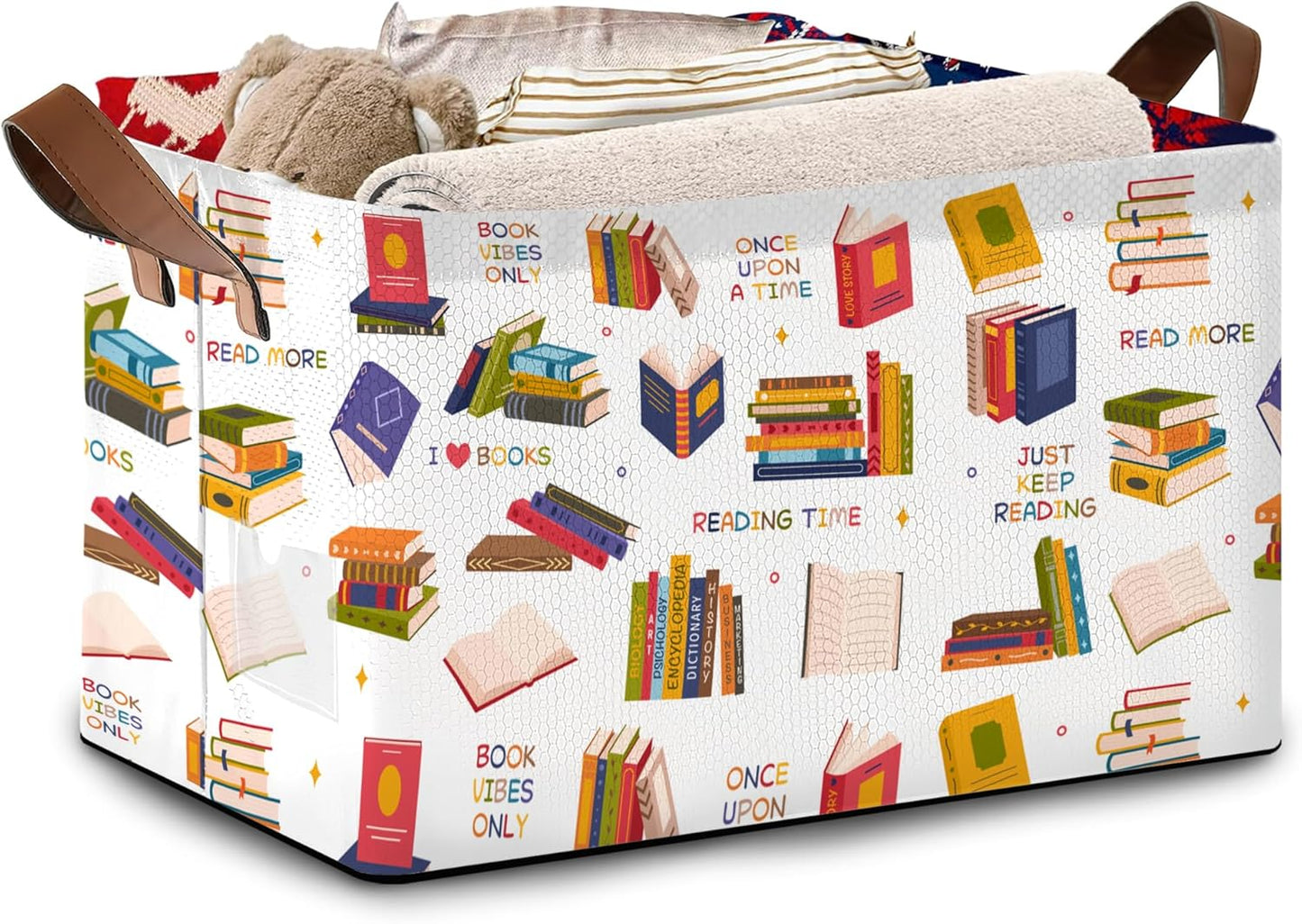 Book Lover Storage Basket Large 17x11.5x10.5 Inche-Collapsible Fabric Organizer Bin with Handles for Library, Reading Nook, Office-Foldable Decorative Hamper with Classic Book Spine Design-Single Pack
