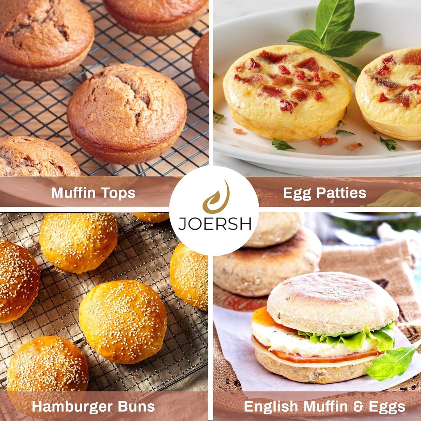 JOERSH 2-PK Silicone Egg Mold Non-Stick 4 Inch Jumbo Size Muffin Top Pan, Large Round Silicone Molds for Baking Hamburger Bun, Egg Bites, Breakfast Sandwiches, Pancakes