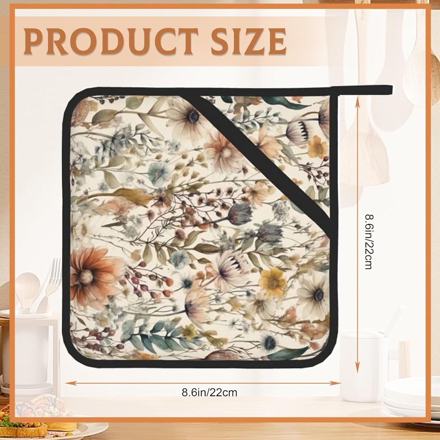 2PCS Boho Watercolor Floral Pot Holder with Loop,Heat Resistant Oven Pads,Hot Pat for Kitchen Cooking Baking Food