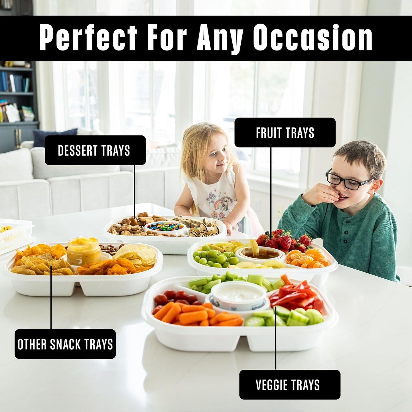 Buddeez Jumbo Divided Serving Tray with Lid - Includes 6 Bins for Party Platter, Snackle Box Container, Fruit and Veggie Tray, Chip