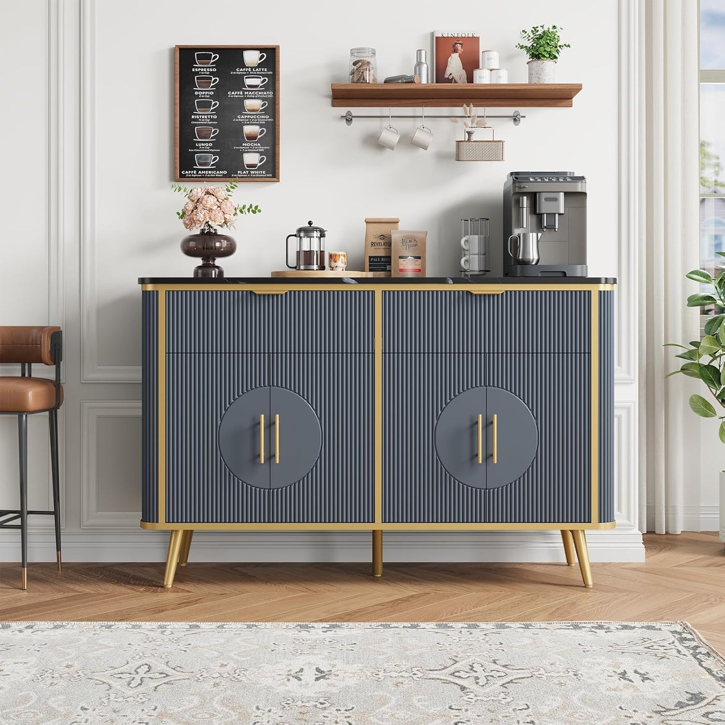 47.2" Buffet Storage Cabinet, Modern Fluted Coffee Bar Station with 2 Drawers & Adjustable Shelves, Kitchen Sideboard Buffet for Dining Room, Living Room, Hallway, Navy Blue