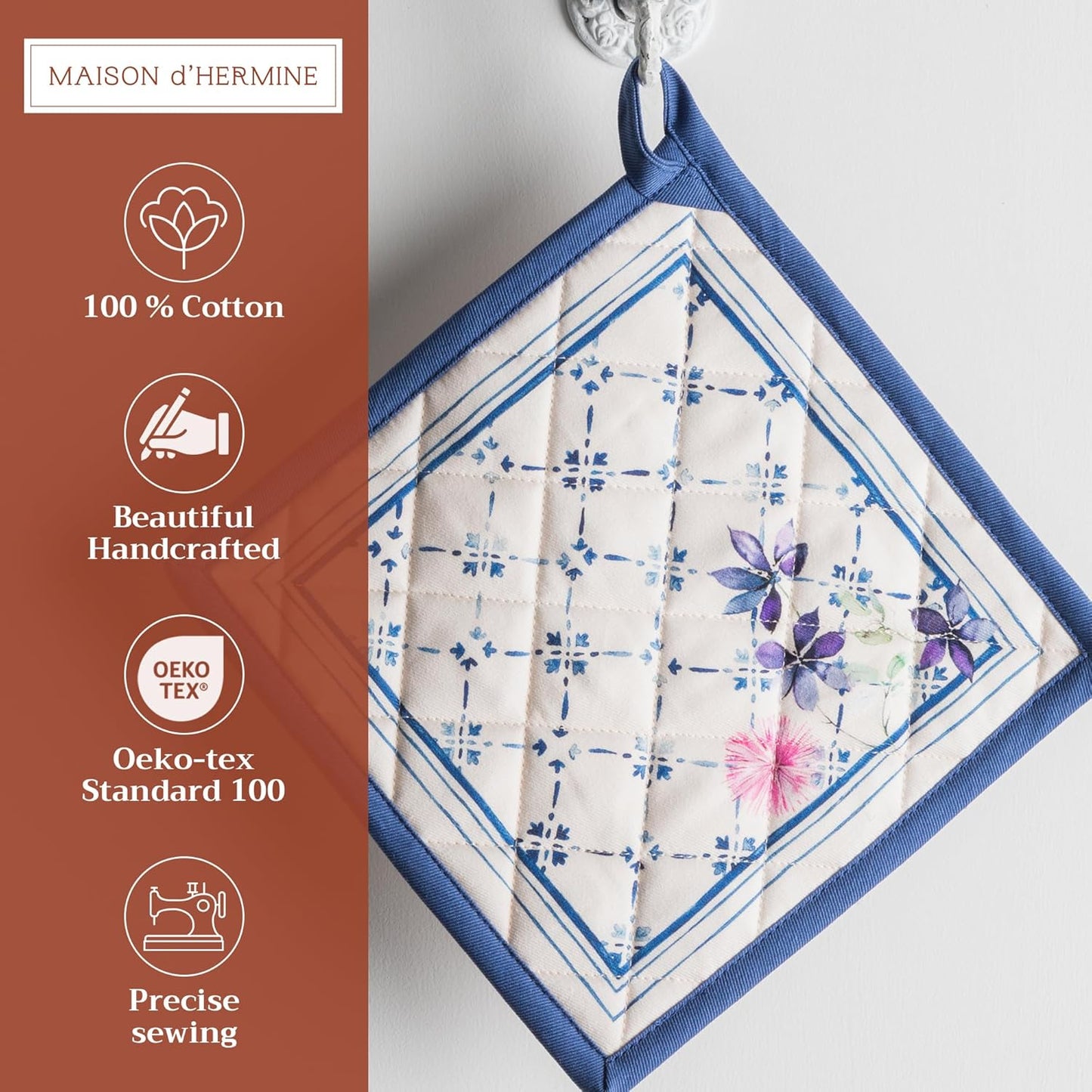 Maison d' Hermine Pot Holders Set 100% Cotton Heat Resistant Potholders 8" x 8" Hot Pads with Loop BBQ, Cooking, Baking, Grilling, Kitchen, Handling Hot Pans Spring/Summer (Pack of 2, Faience)