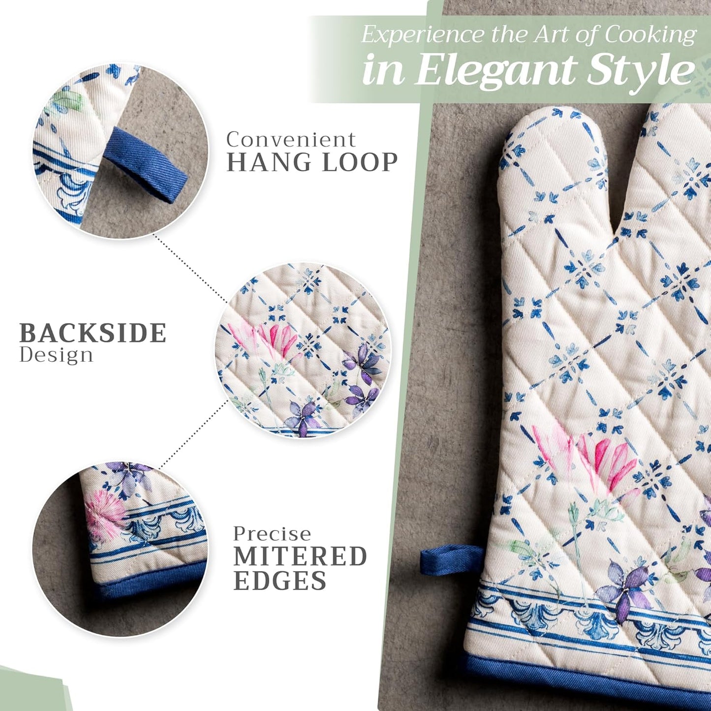 Maison d' Hermine Oven Gloves 100% Cotton Oven Mitt 7" x 13" with Loop Heat Resistant, BBQ, Cooking Gloves, Baking, Grilling, Kitchen, Handling Hot Pans Spring/Summer (Pack of 1, Faience)