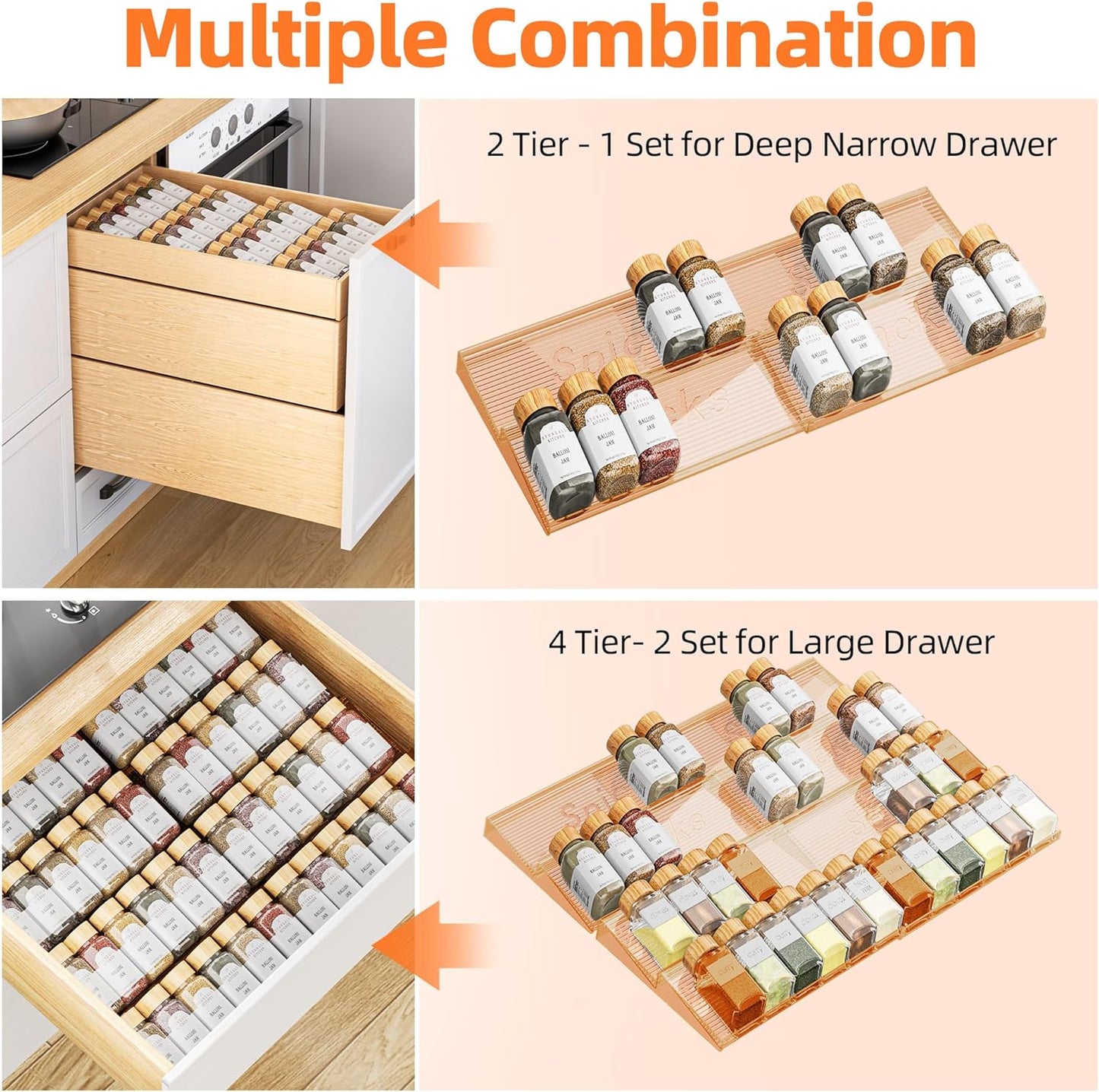 Spice Drawer Organizer, 2 Tier- 2 Pack Amber Acrylic Drawer Seasoning Organizer, Expandable From 11'' to 22'' Kitchen Spice Rack Organizers and Storage for Drawer (Jars not included)