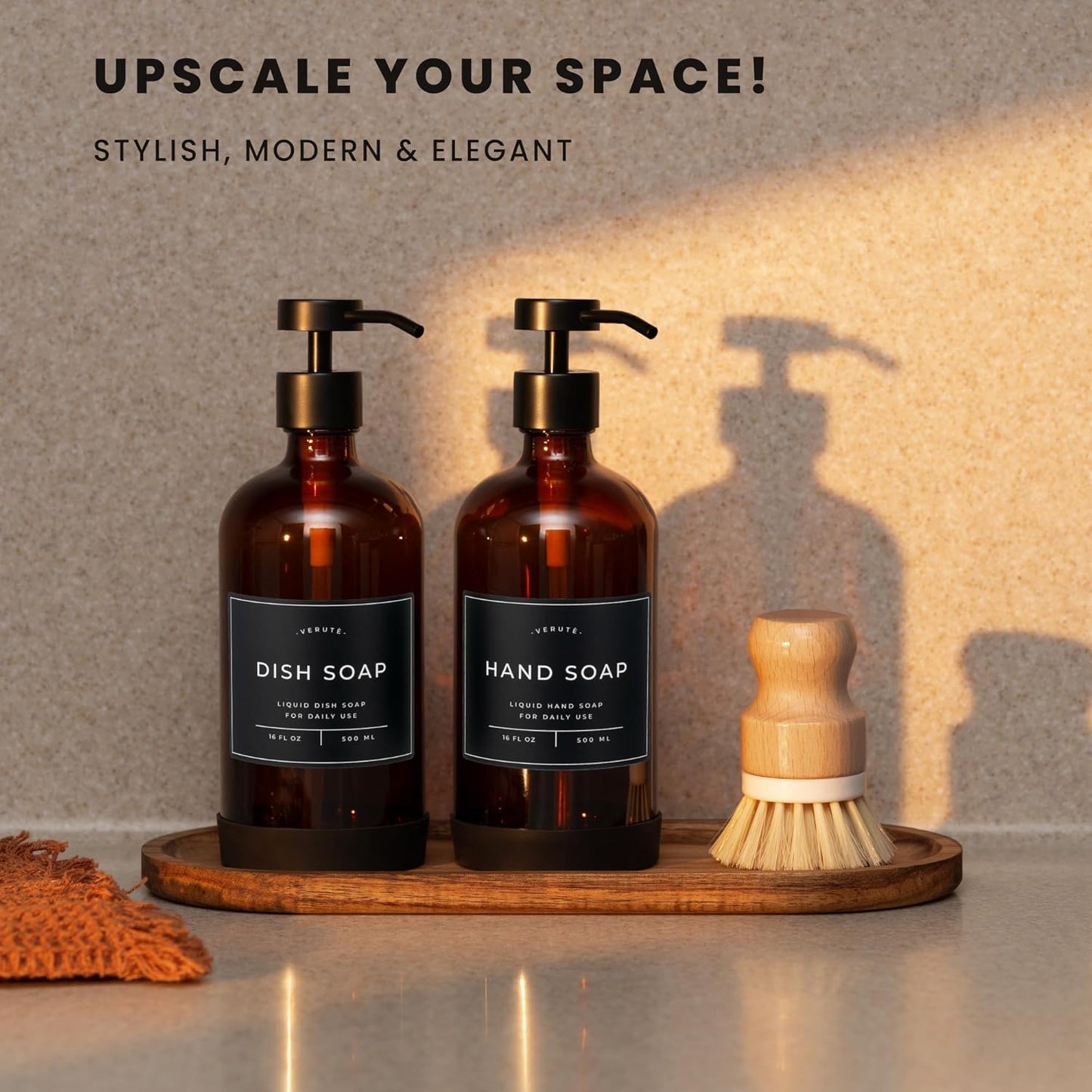 16oz Glass Soap Dispenser with Stainless Steel Pump, 21 Waterproof Labels, Non-Slip Protective Silicone Pad, Set of 2 for Bathroom & Kitchen (Amber Bottle/Black Pump)