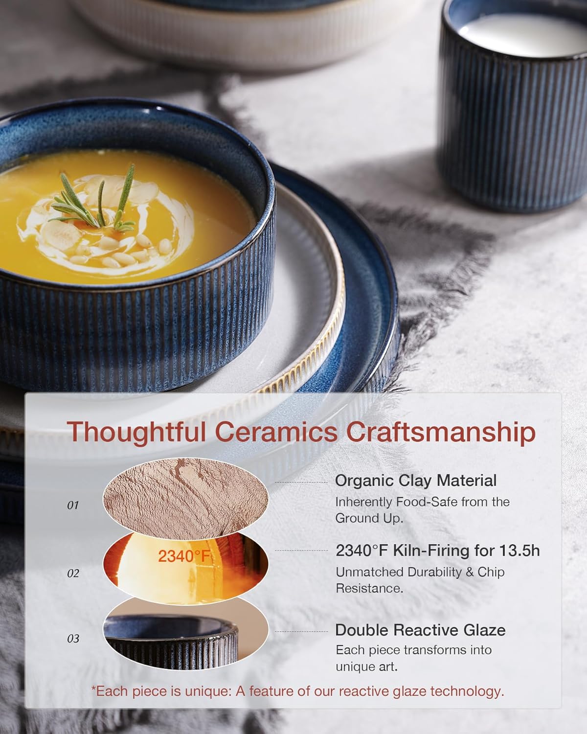 Famiware Star Dinnerware Set, Plates and Bowls Sets for 8 (24pcs), Ribbed Stoneware Dishes - Chip & Scratch Resistant, Microwave & Dishwasher Safe, Multicolor - Cappuccino White & Nebulas Blue