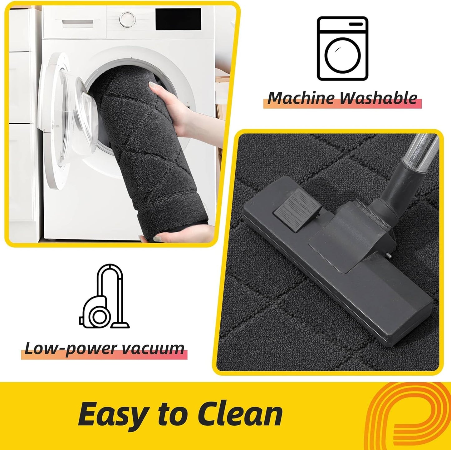 JSEI Non-Slip Kitchen Rugs, Self Adhesive No Sliding Kitchen Mats Set of 2, Soft Washable Absorbent Floor Mat for Kitchen, Bathroom, Laundry Room, Bedroom, 24”x36”+24”x60”, Dark Grey, Diamond Pattern