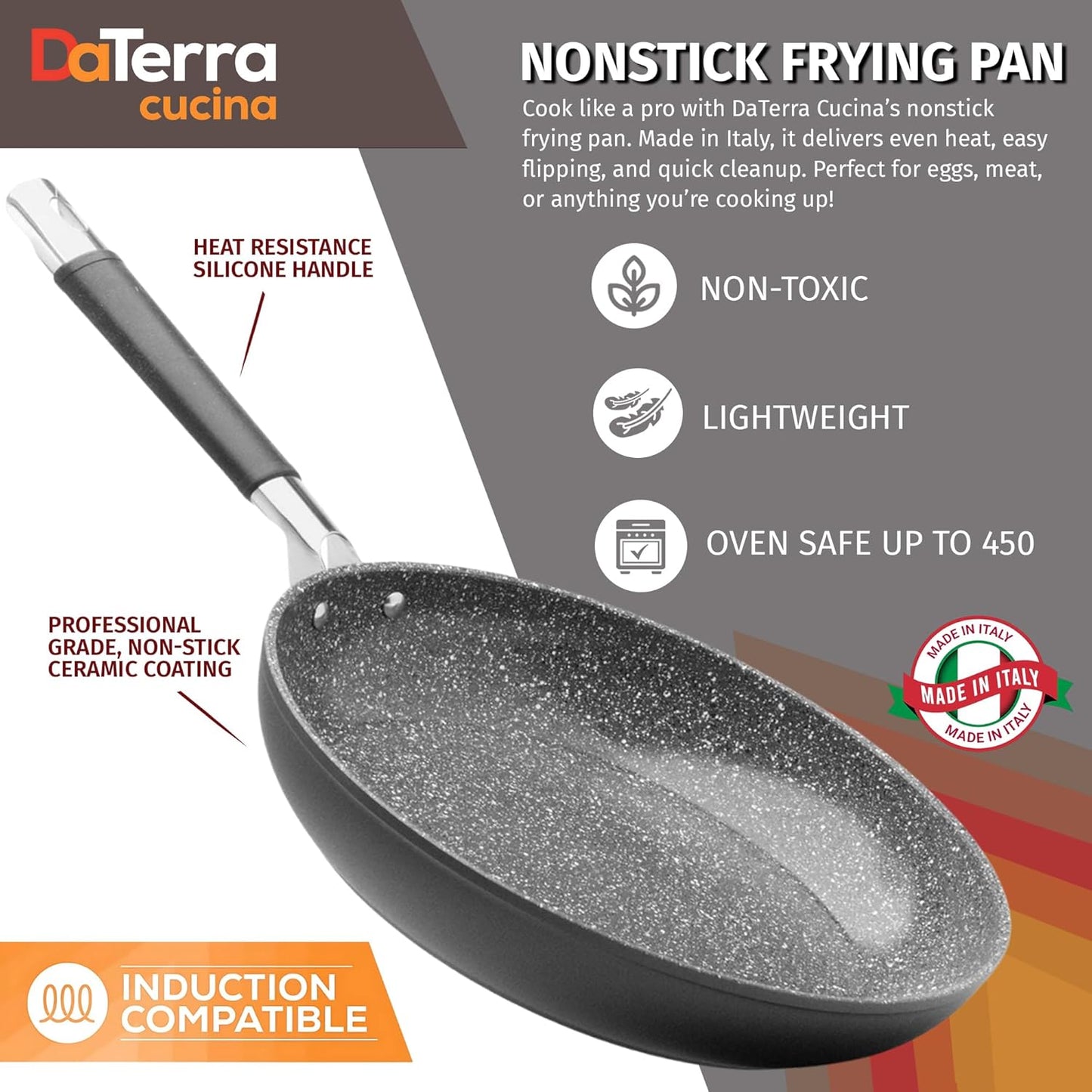 DaTerra Cucina 11" Nonstick Ceramic Frying Pan with Lid – Oven & Induction Safe, High Heat Resistant Nonstick Cookware, Dishwasher Safe, Durable & Stylish - Volcanic Black Speckled – Made in Italy