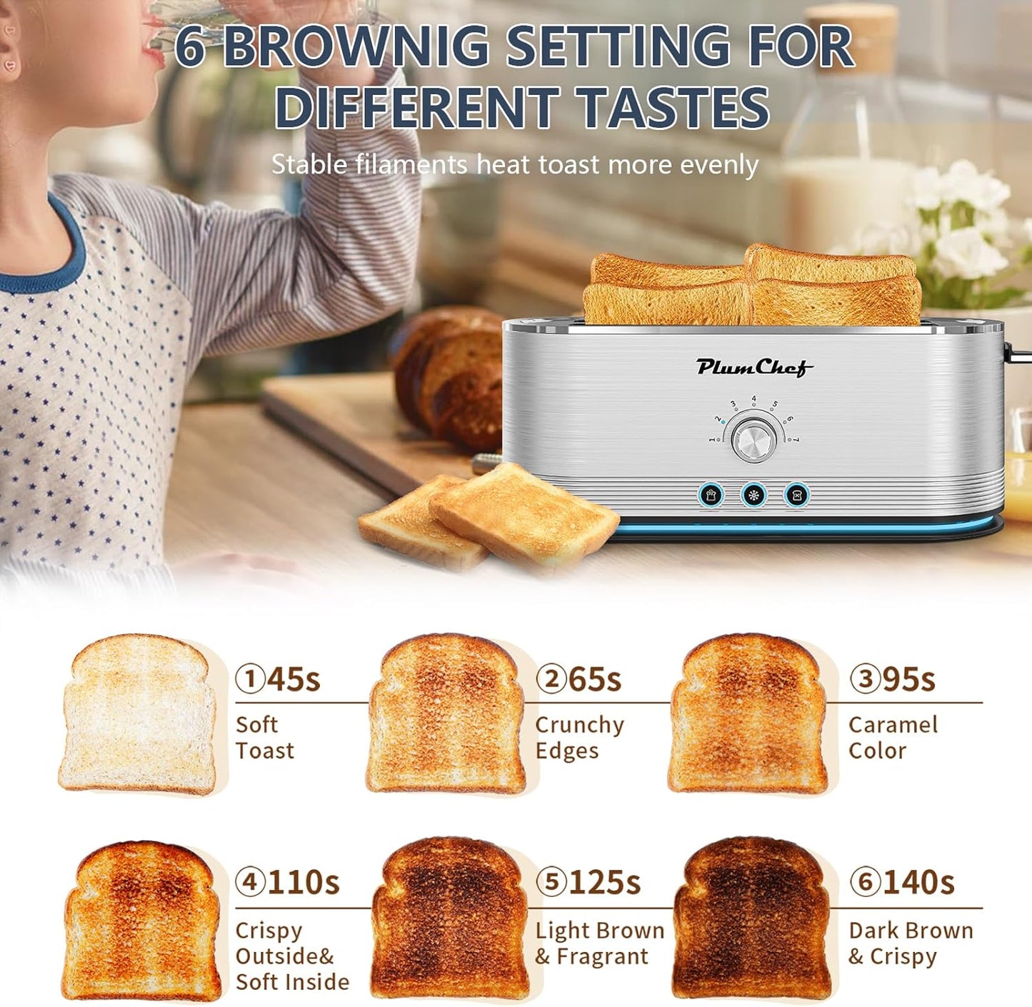 4-Slice long Slot Toaster, 7 Browning Settings, Defrost/Reheat Functions, Removable Crumb Tray, Full body Stainless Steel Housing, 1350W, Anti-Fingerprint & Anti-Jam (2, Sliver)